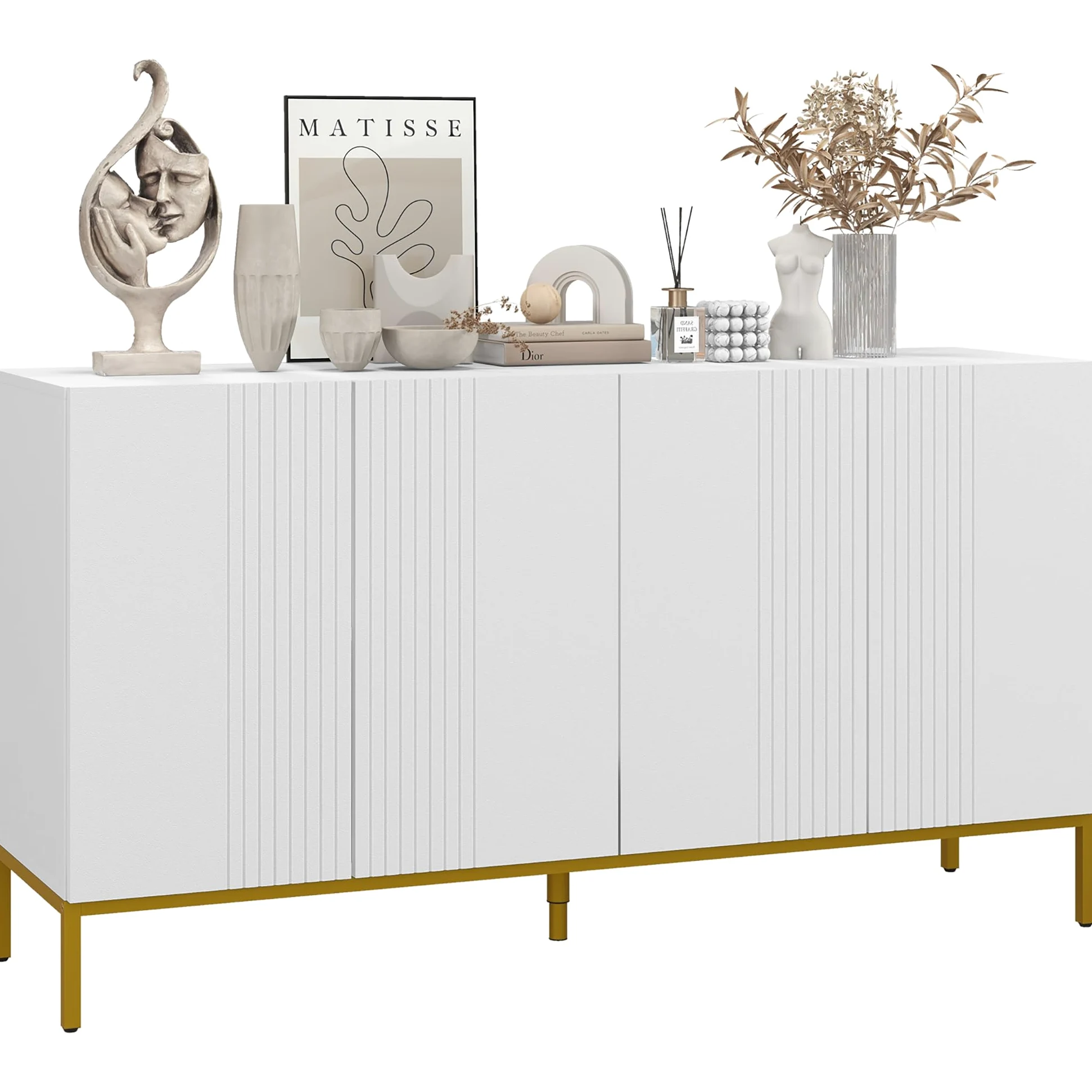 HOMCOM Credenza Moderna con 4 Ante e Mensole Regolabili Mobile da Soggiorno e Salotto con Chiusura Soft Close Bianco e Oro