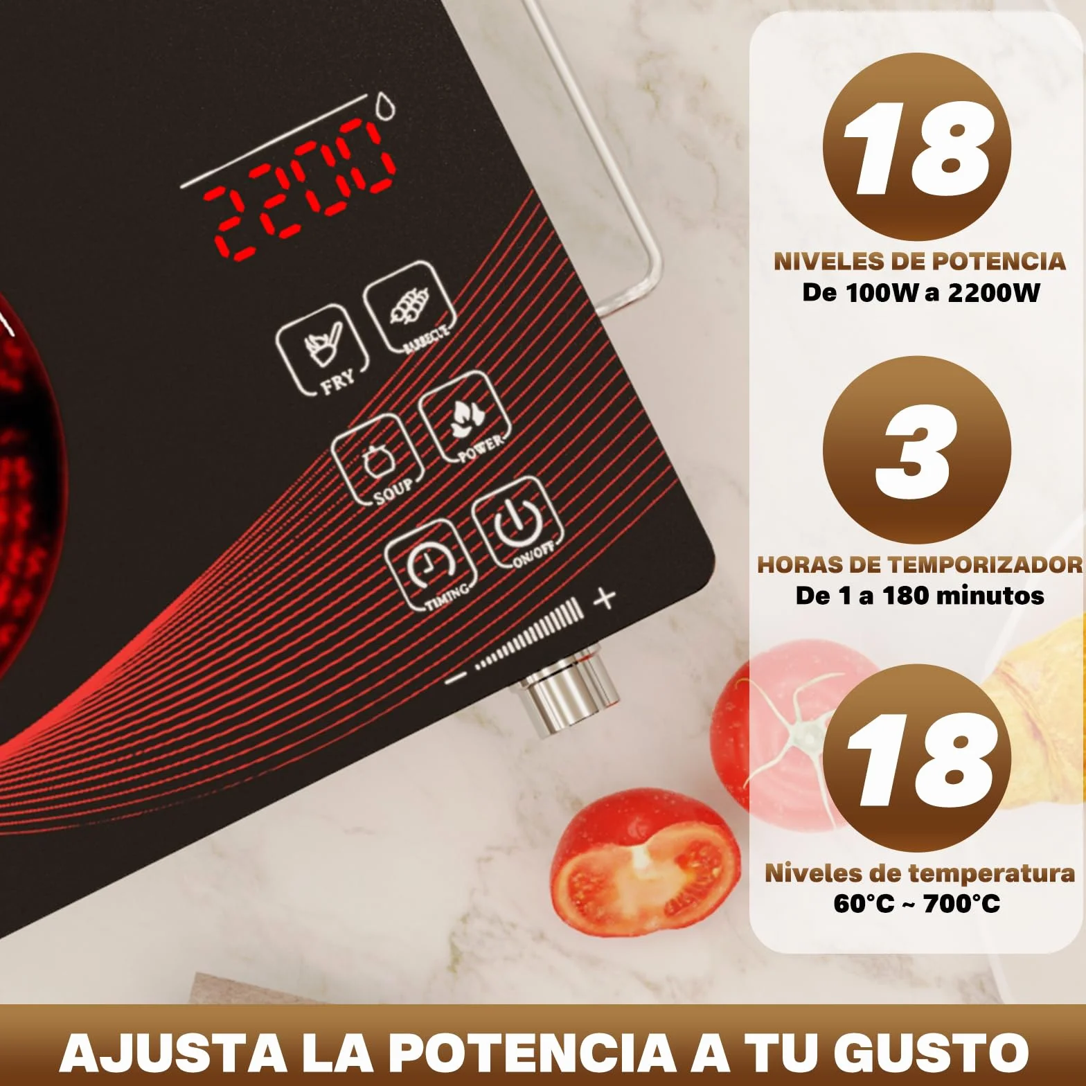 Fornello Elettrico 1 Fuoco a Infrarossi Portatile, Piastra Vetroceramica con Controllo Touch, Temperatura Regolabile RR-912-Black