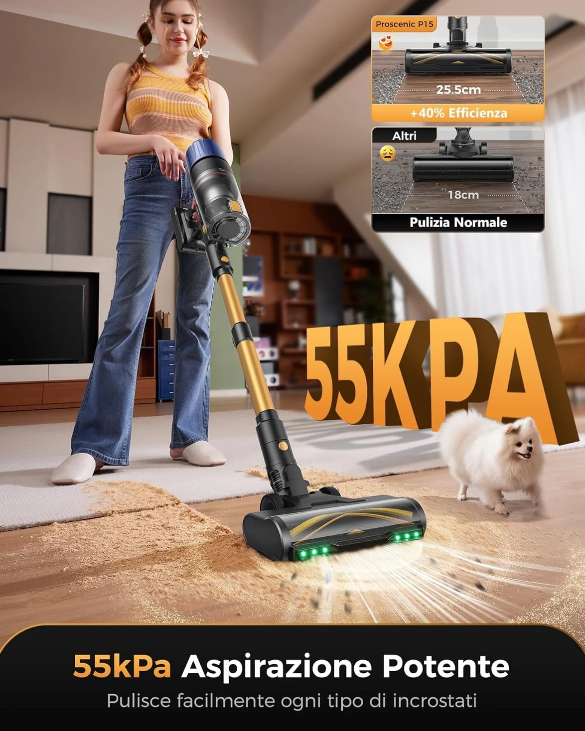 Proscenic P15+ Aspirapolvere Senza Fili 70Min/55Kpa/650W Scopa Elettrica Senza Fili Potente Autonomia Asta Telescopica Regolabile Design Autoportante Tecnologia GreenEye per Pavimenti e Tappeti
