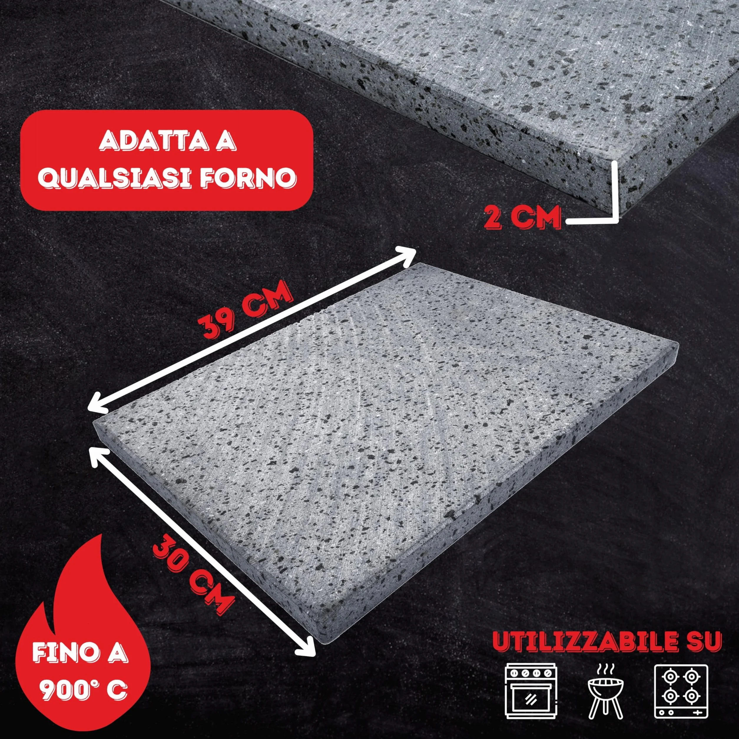 CUORE LAVICO Piastra Refrattaria in Pietra Lavica Etnea per Pizza 39x30x2 cm Forno a Gas Elettrico Barbecue