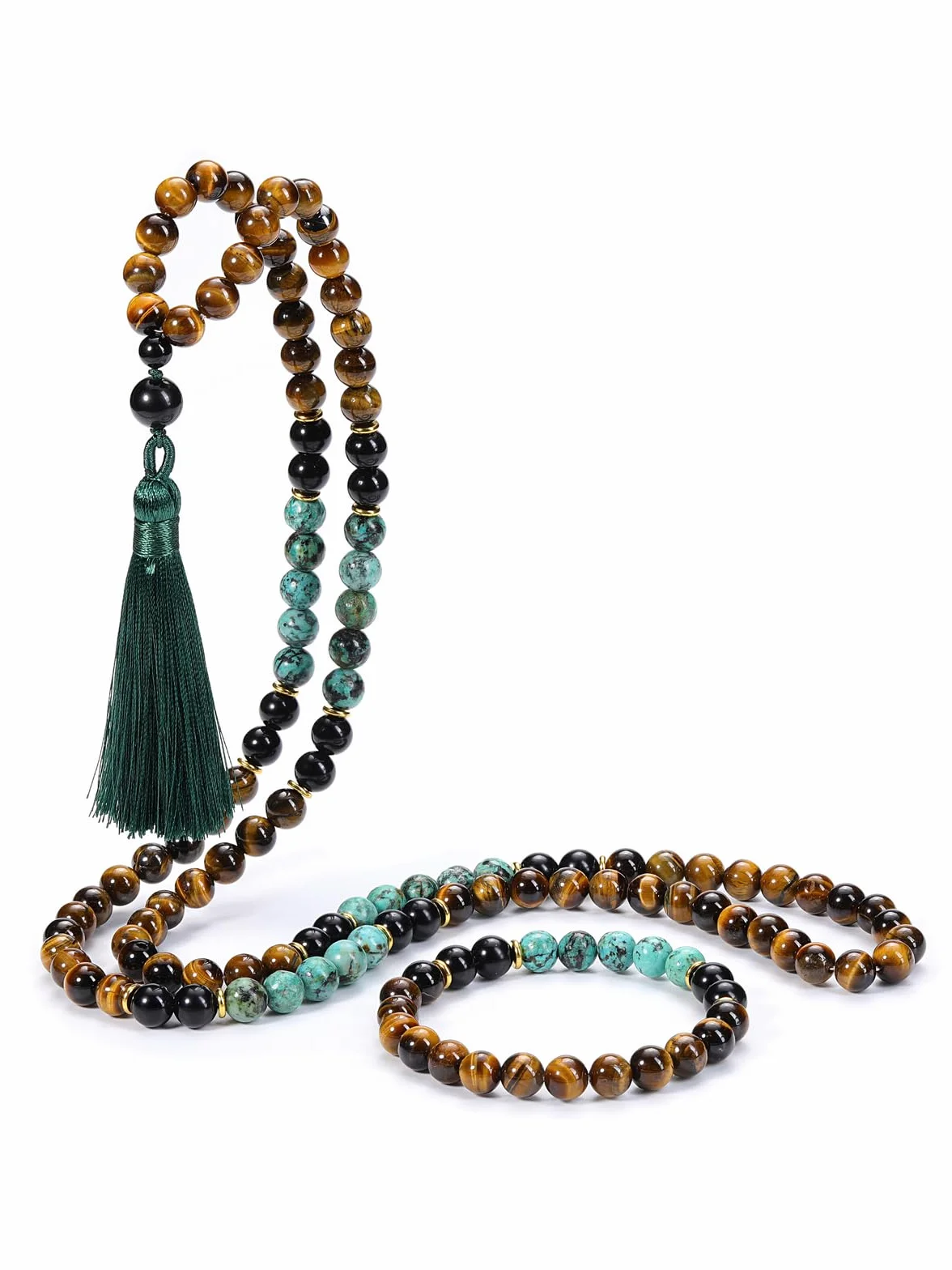 Jovivi Mala 108 Grani Collana Rosaria Tibetana in Pietre Naturali con Nappa Bracciale con Perline Cristalli Elastico per Donna Uomo Parure Preghiera 108 Perline Buddista Turchese Occhio di Tigre