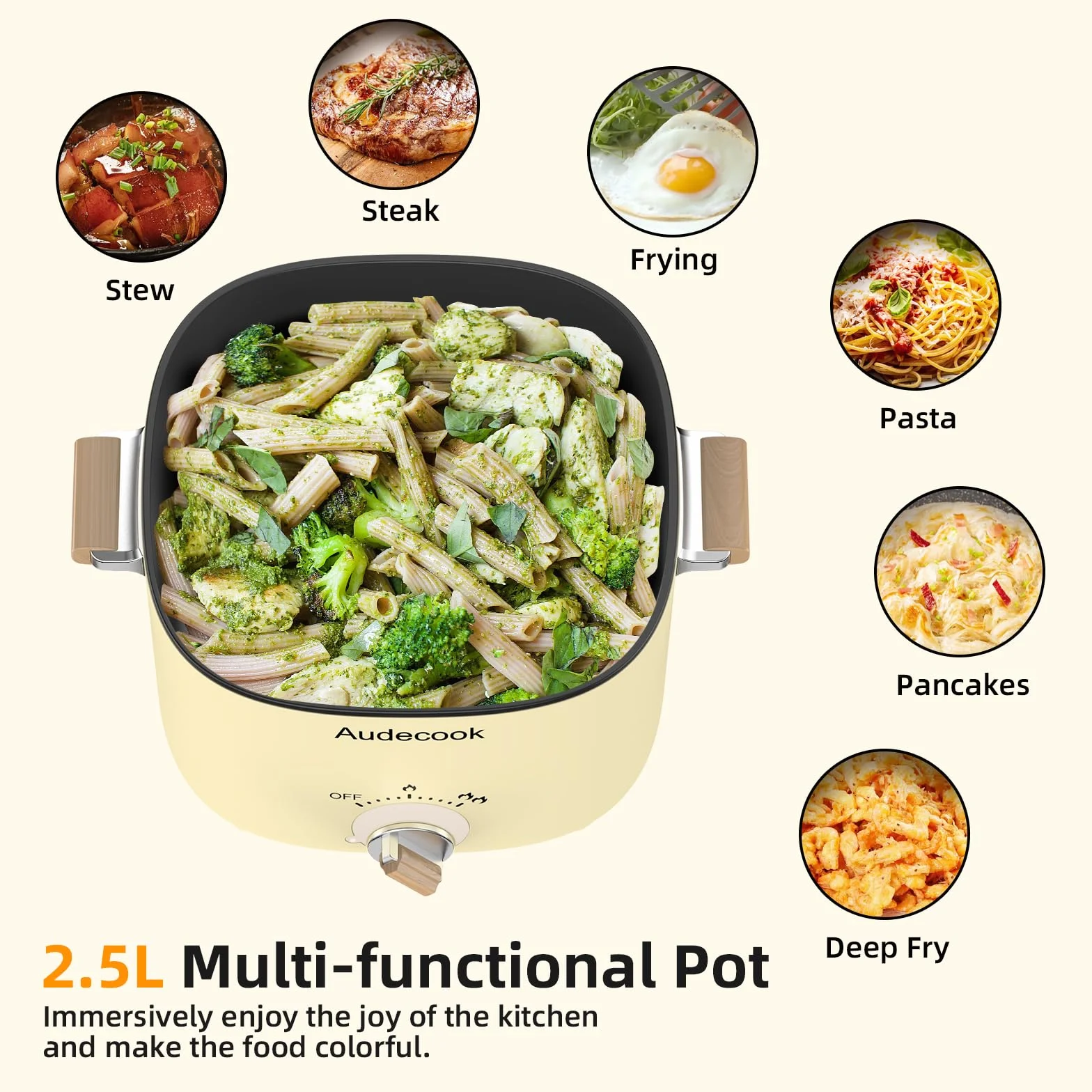 Audecook Mini Hot Pot Elettrica 2.5L Antiaderente Pentola Elettrica 1-3 Persone Beige