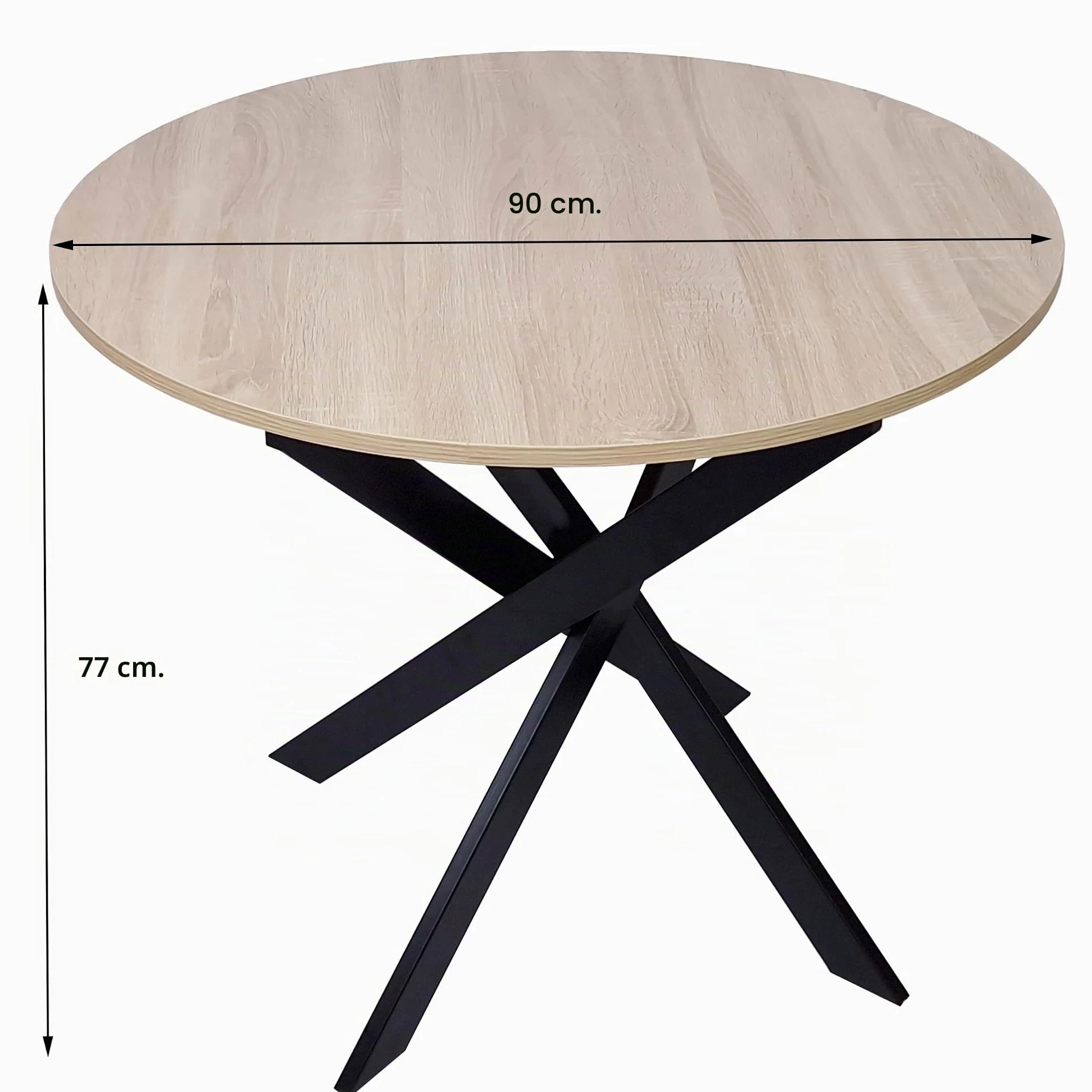 Skraut Home | Tavolo da pranzo fisso rotondo | Modello ZEN | 90x90x77 cm di altezza | Capacità per 4 persone | Materiali resistenti (90cm, Rovere + Gambe Nere)
