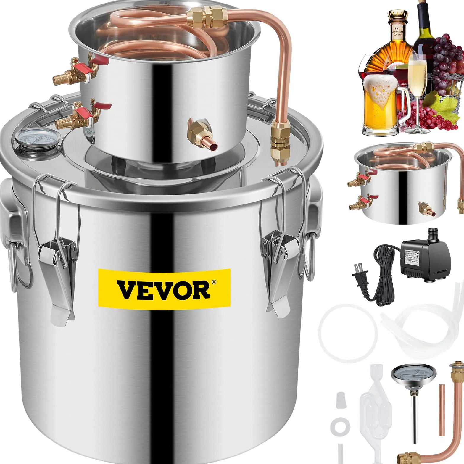 VEVOR Kit di Distillatore Alambicco in Acciaio Inox Rame Puro Materiale per Uso Alimentare Capienza del Serbatoio 30L, Kit Distillatore 35 x 35 cm per Liquore Acqua Distillata Vino con Pompa d'Acqua