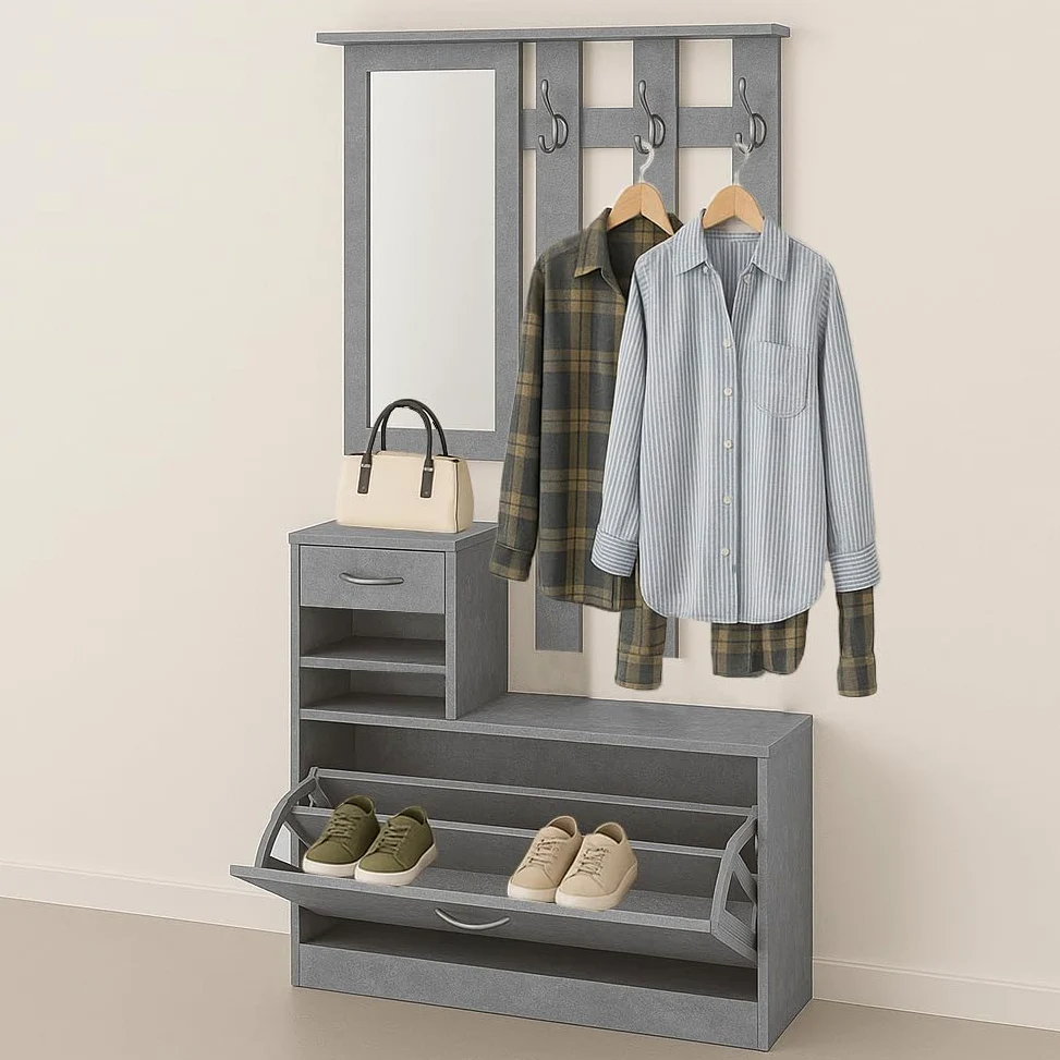 BAKAJI Set Mobili Ingresso Design Moderno con Scarpiera Panca Cassetto Specchio Rettangolare e Appendiabiti Attaccapanni 6 Ganci da Parete Casa Design Moderno in Legno (Grigio)