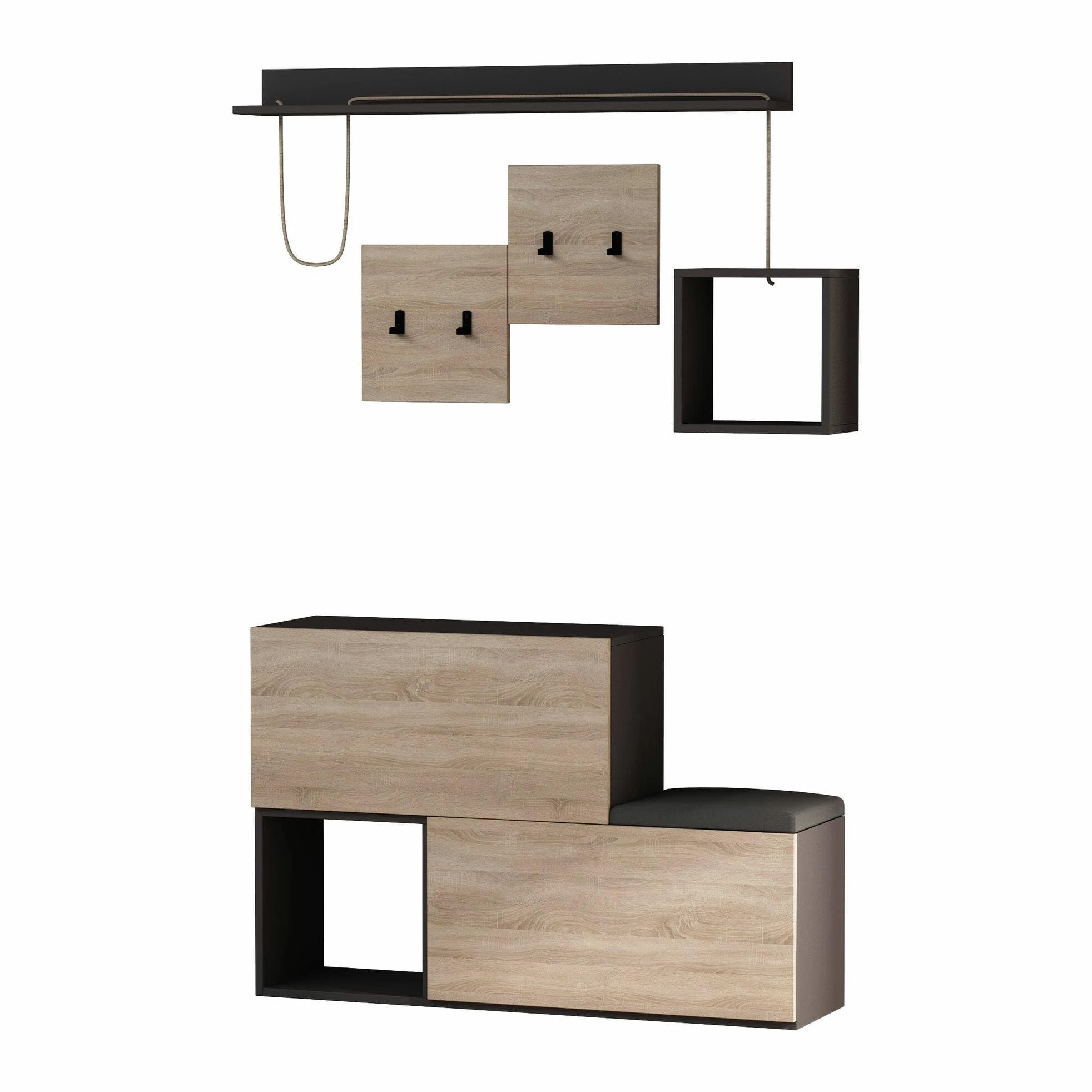 Dmora - Mobile da ingresso Caph, Entratina appendiabiti, Composizione per atrio, Consolle portaoggetti multifunzione, 120x17h76 cm, Antracite e Rovere
