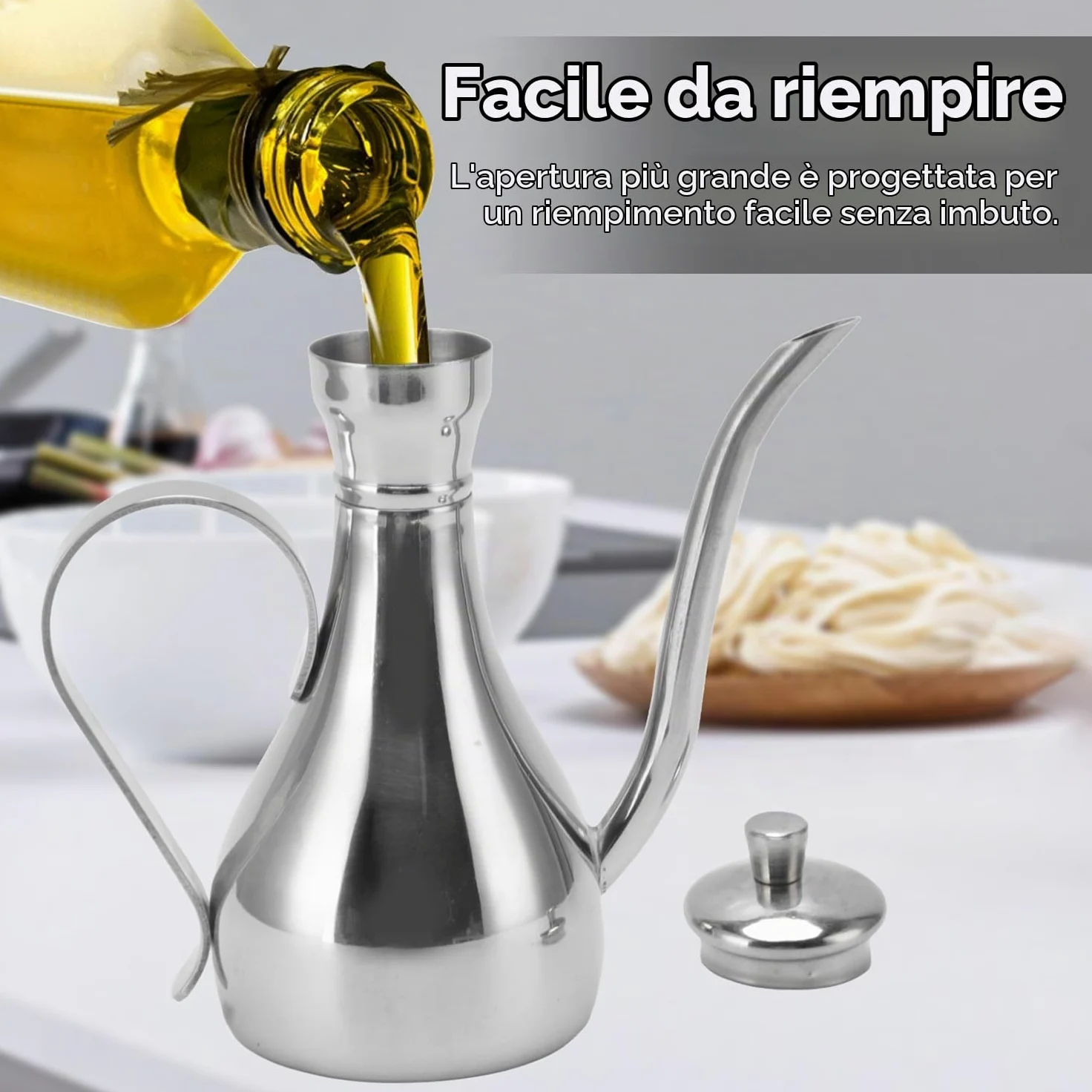 Bottiglia Olio Acciaio Inossidabile, Oliera Antigoccia con Manico Ergonomico 350ml Capacità Ampia Apertura per Condimenti Cucina Domestica Dispenser Salsa Soia Aceto Balsamico