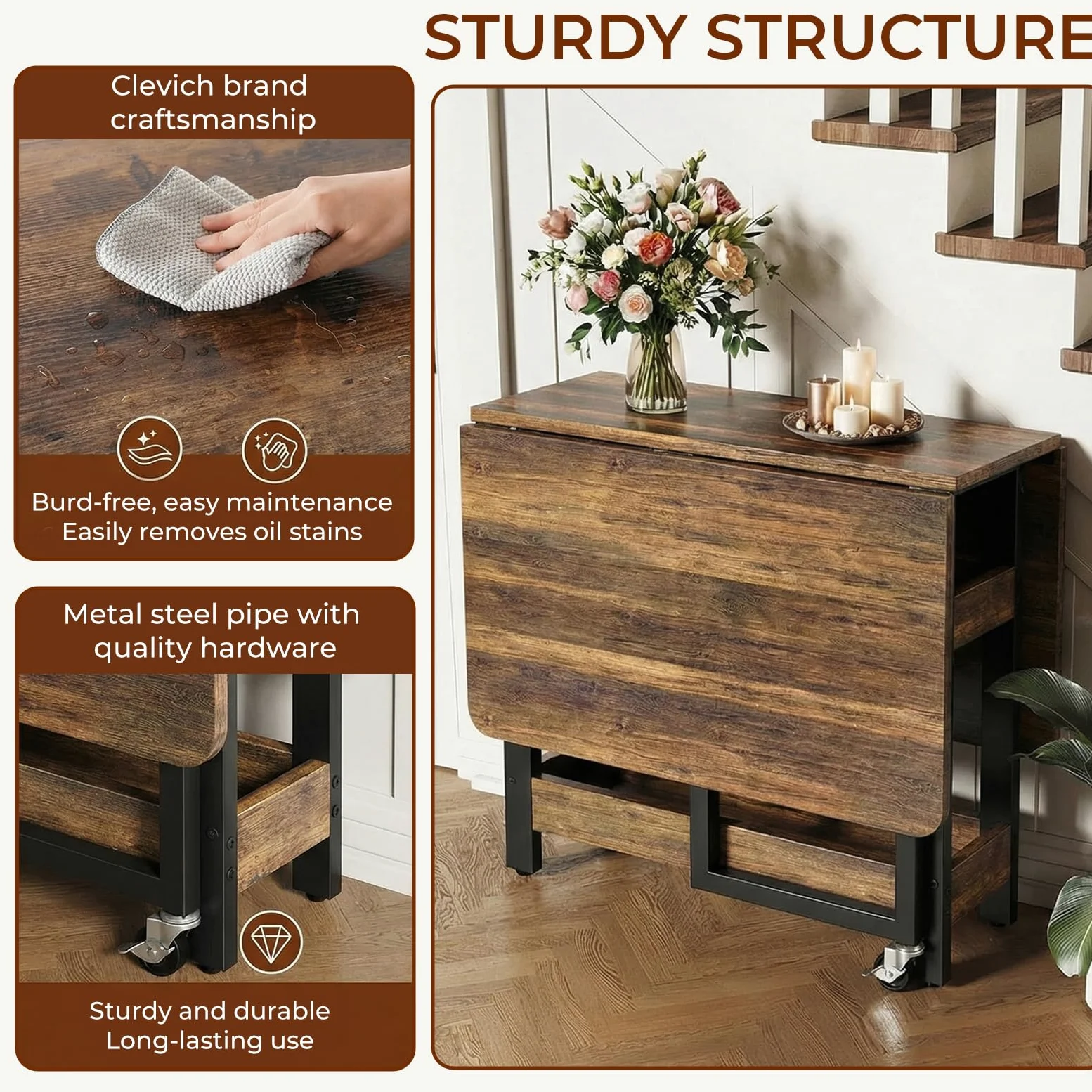 Clevich Tavolo da pranzo pieghevole mobile con 2 ripiani, per 4-6 persone, ideale per spazi ridotti, ingombro da chiuso: solo 0,218 m³, per cucina e casa, 133x80x75 cm, legno di tigre.