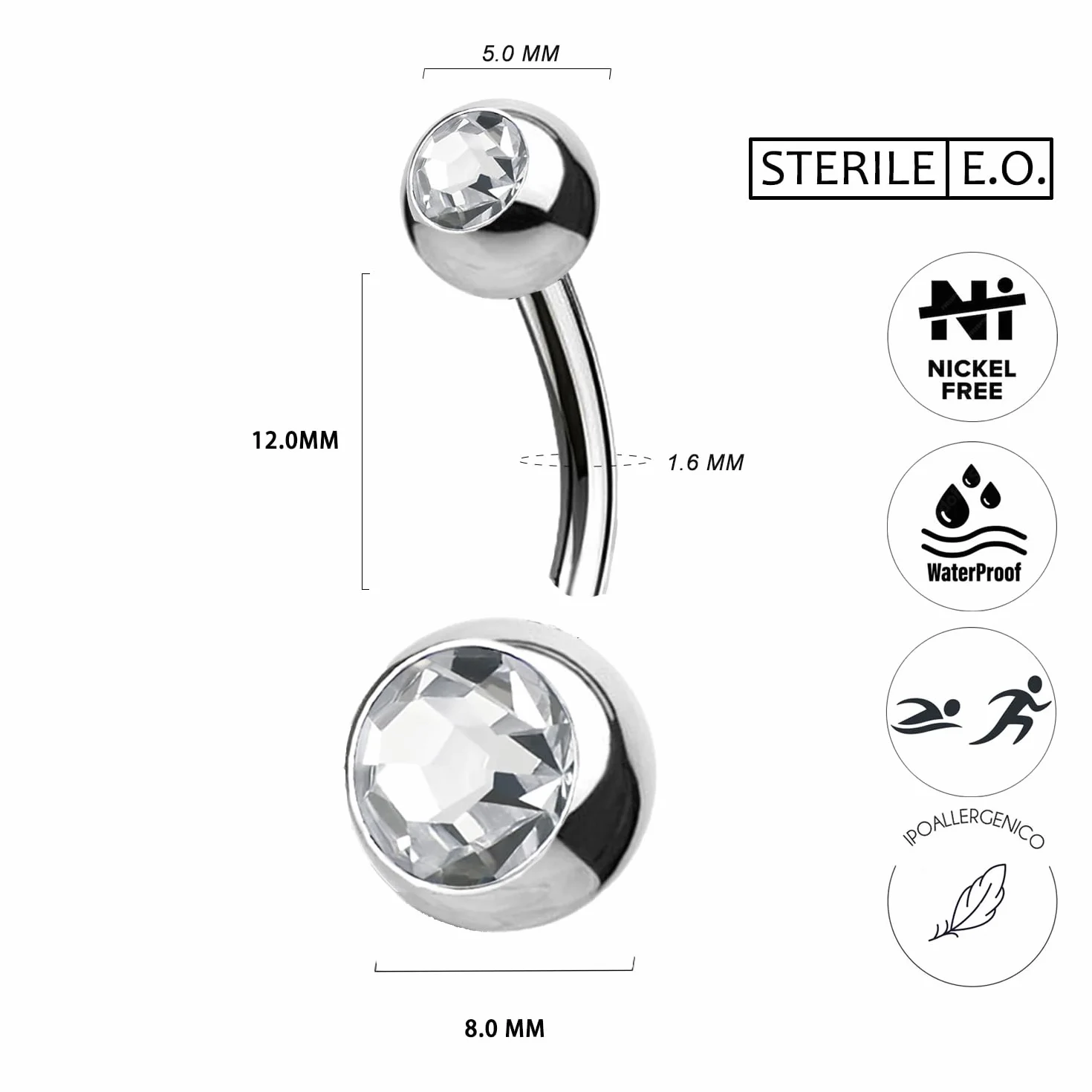 WARRIOR Piercing Ombelico STERILE Acciaio Chirurgico 316L Banana Classico Doppio Cristalli