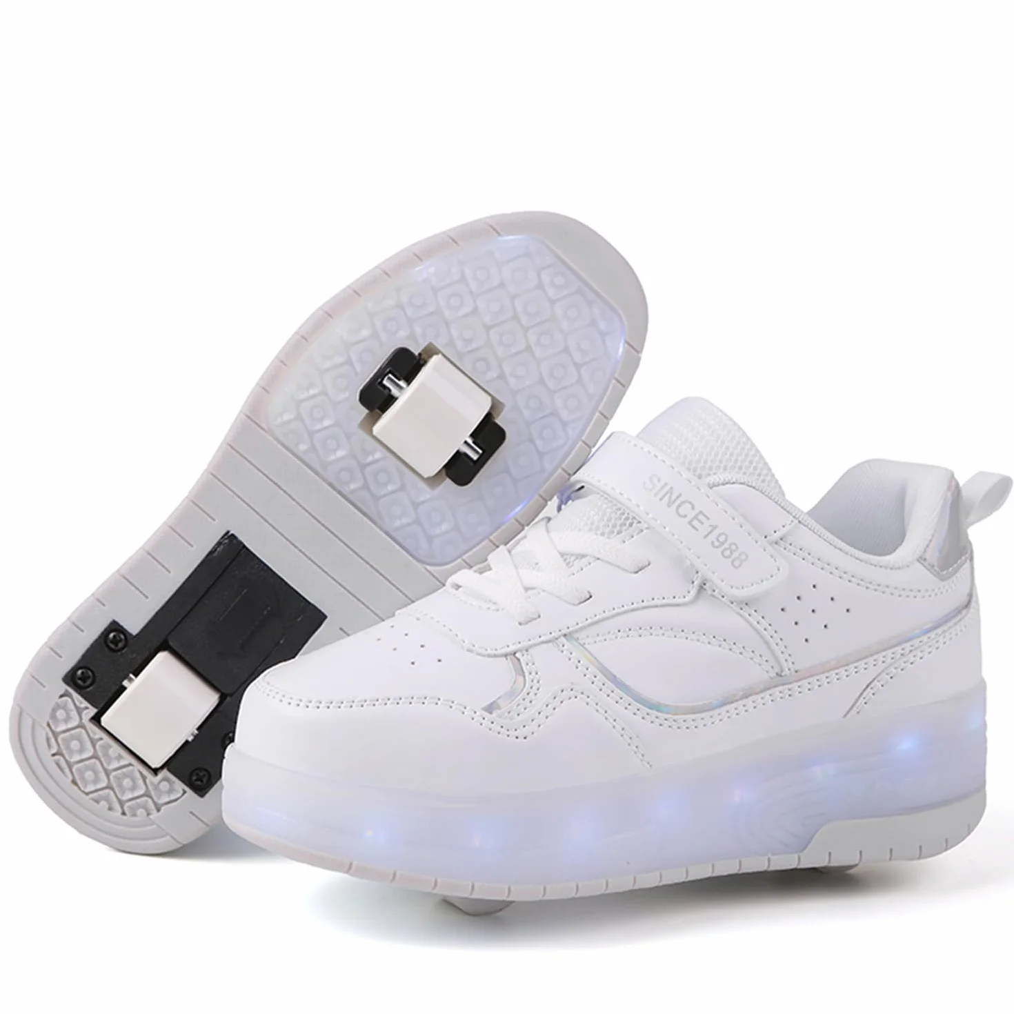 Scarpe Bambini 2 in 1 con Ruote e Luci, Sneakers Unisex, Bianco, 35 EU