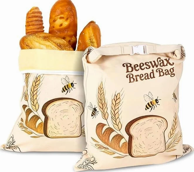 Sacchetto per pane in cera d'api, riutilizzabile, in cotone biologico, con chiusura a rotolo, mantiene fresco il lievito naturale fatto in casa, pratico organizer da cucina, confezione da 2