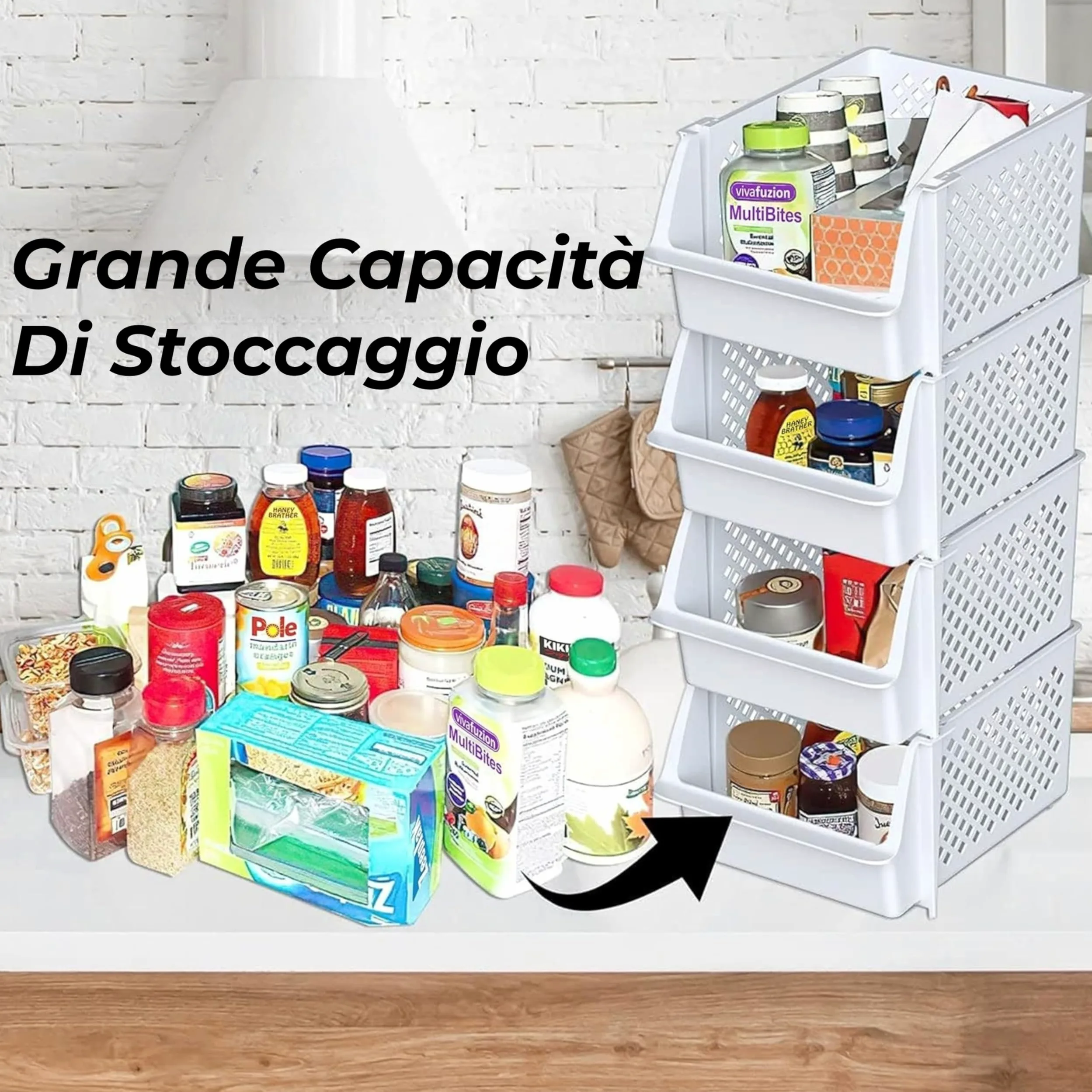 Skywin Contenitori Impilabili Set Da 4, Apertura Frontale | Organizer Dispensa Con Apertura Frontale, Ceste In Plastica Impilabili, Set Da 4, Per Cucina E Garage