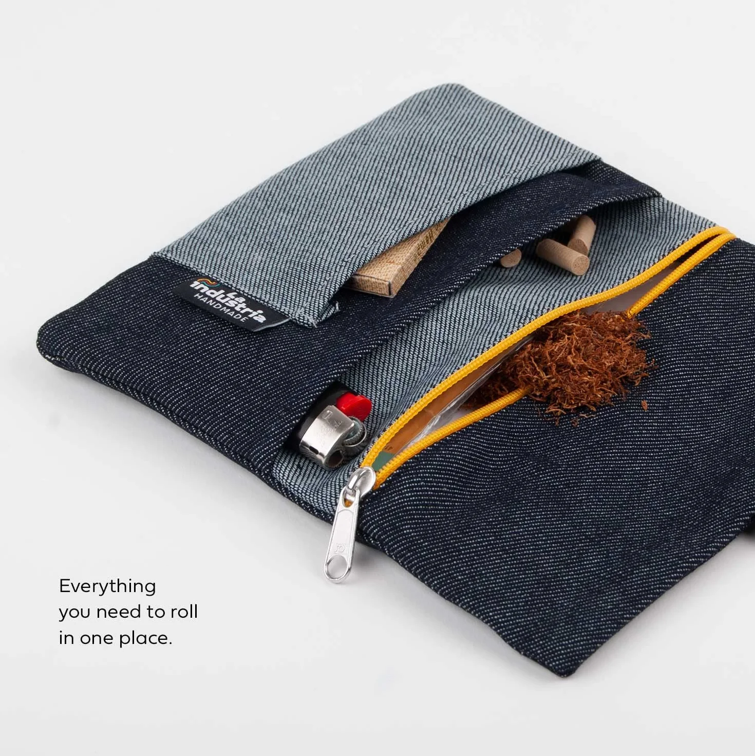 Portatabacco in Tessuto Jeans Denim Astuccio Porta Tabacco Cartine Filtri Accendino Cerniera Gialla