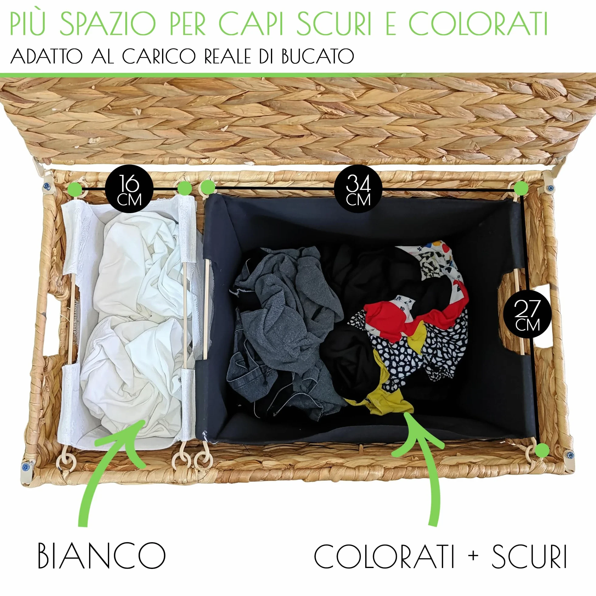 Naturlik Cesto Portabiancheria 120L XXL – 2 Scomparti in Giacinto d’Acqua Naturale Senza Plastica. Cesta Biancheria Pieghevole con Coperchio e Sacchi Rimovibili