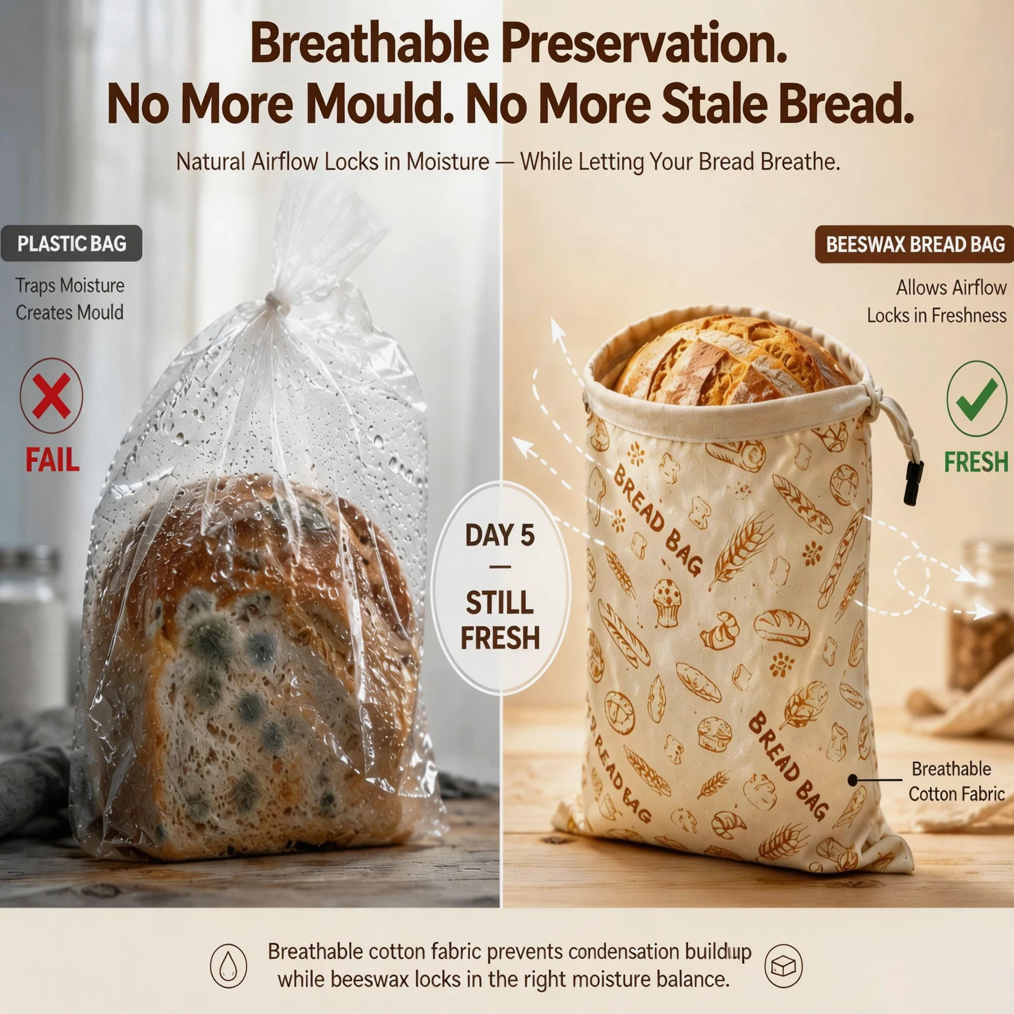 Sacchetti per pane in cera d'api riutilizzabili in cotone biologico per pane fatto in casa, 43 x 33 cm, in cera d'api naturale, ecologici, di grandi dimensioni, con cerniera, per pasta madre