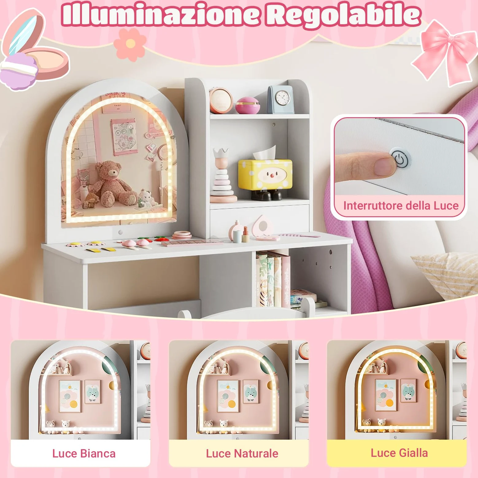 COSTWAY Toeletta Trucco per Bambina con Sgabello, Tavolo Trucco in Legno con Specchio Luci LED, Ripiani Aperti, 3 Ganci e Cassetto, Set Mobile da Principessa con 5 Giocattoli per 3+ Anni (Bianco)