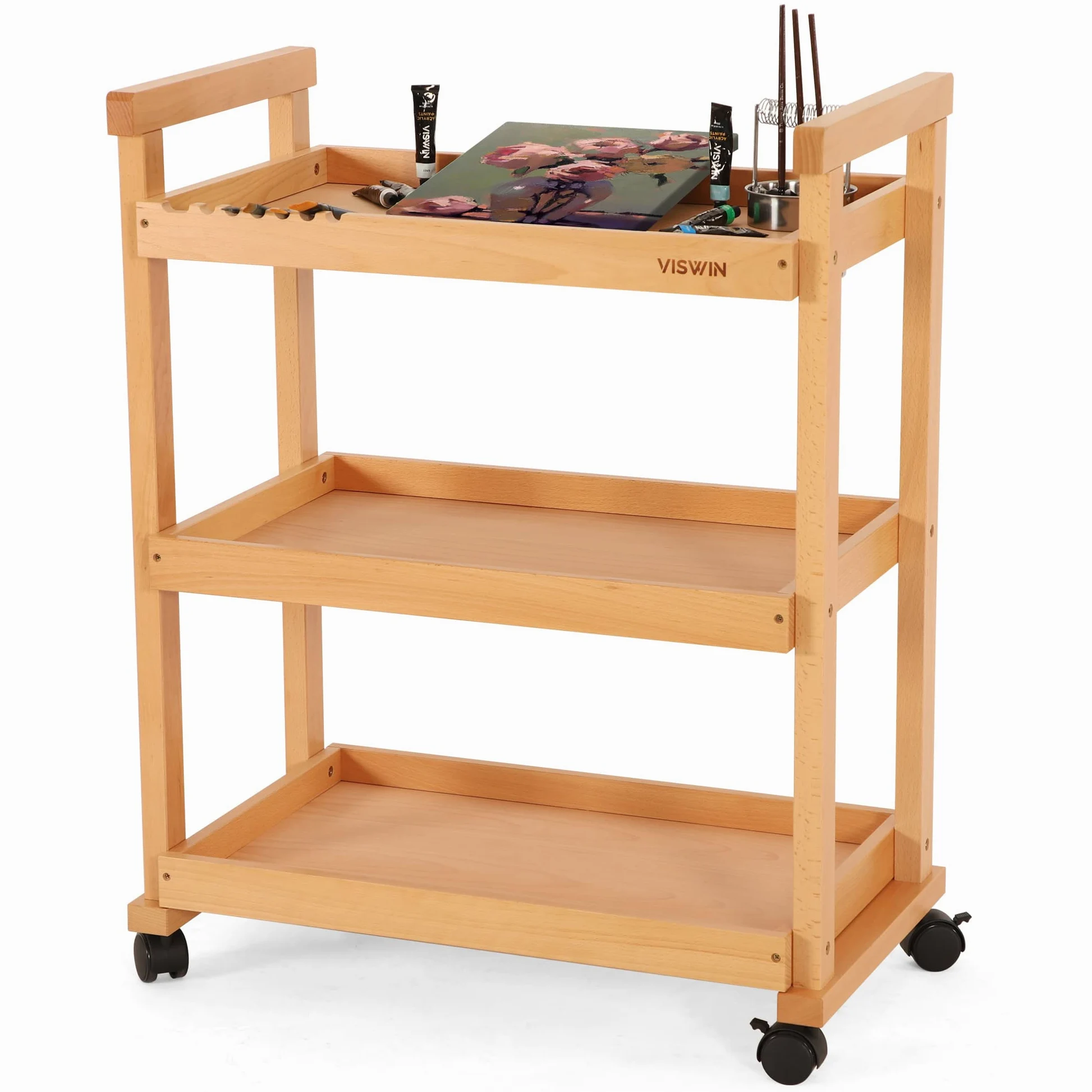 VISWIN 93 cm H art Cart Storage Organizer 3-Tier, Carrello Multiuso Rotante in Legno di Faggio Massiccio con Ruote Piroettanti, Carrello Multifunzionale per Lo Studio, l'Aula e la Cucina