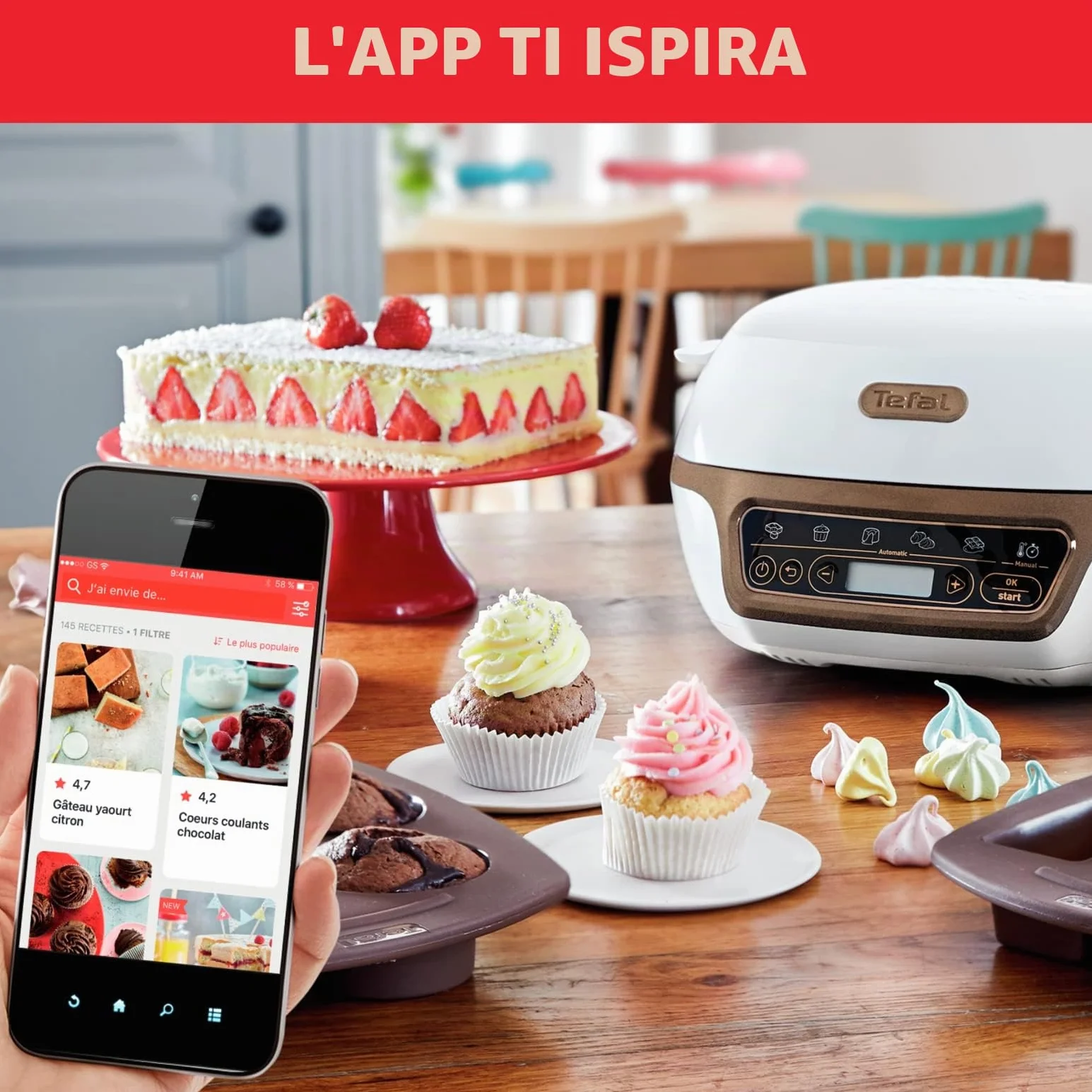 Tefal Macchina per Torte Cake Factory+ 5 Programmi Automatici 1 Manuale 3 Stampi Flessibili 1 Stampo Acciaio Rivestito Crispybake