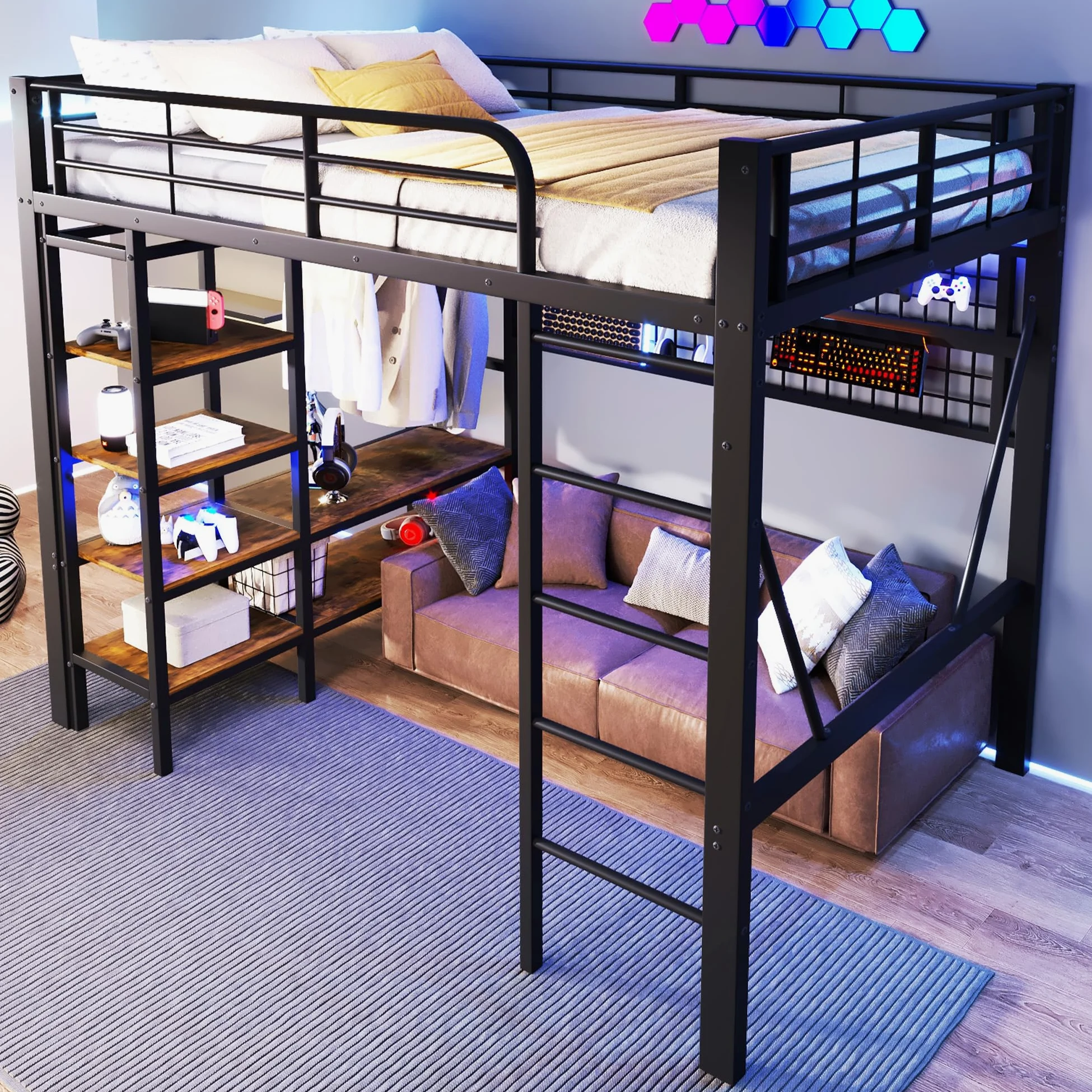 Lubvtti Letto a soppalco in ferro 140 x 200 cm con striscia luminosa a LED,vano portaoggetti,rete per appendere gli oggetti,asta appendiabiti,letto a castello per bambini,struttura letto singolo,Nero