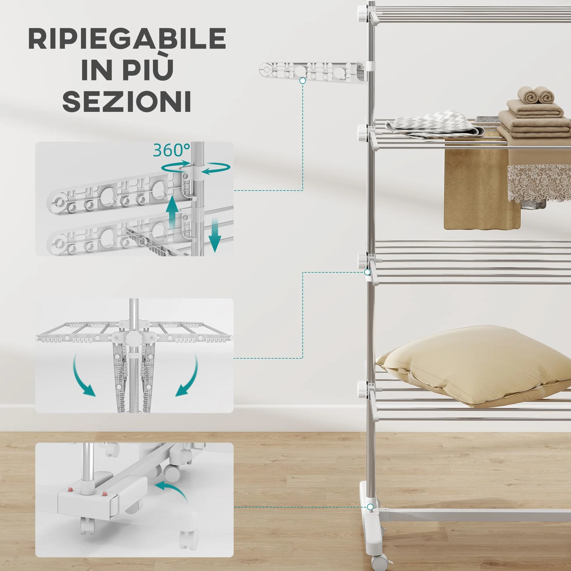 HOMCOM Stendibiancheria Verticale a Torre 4 Livelli, Stendino Pieghevole Salvaspazio in Acciaio Inox con 6 Ruote, 142x55x172cm, Bianco