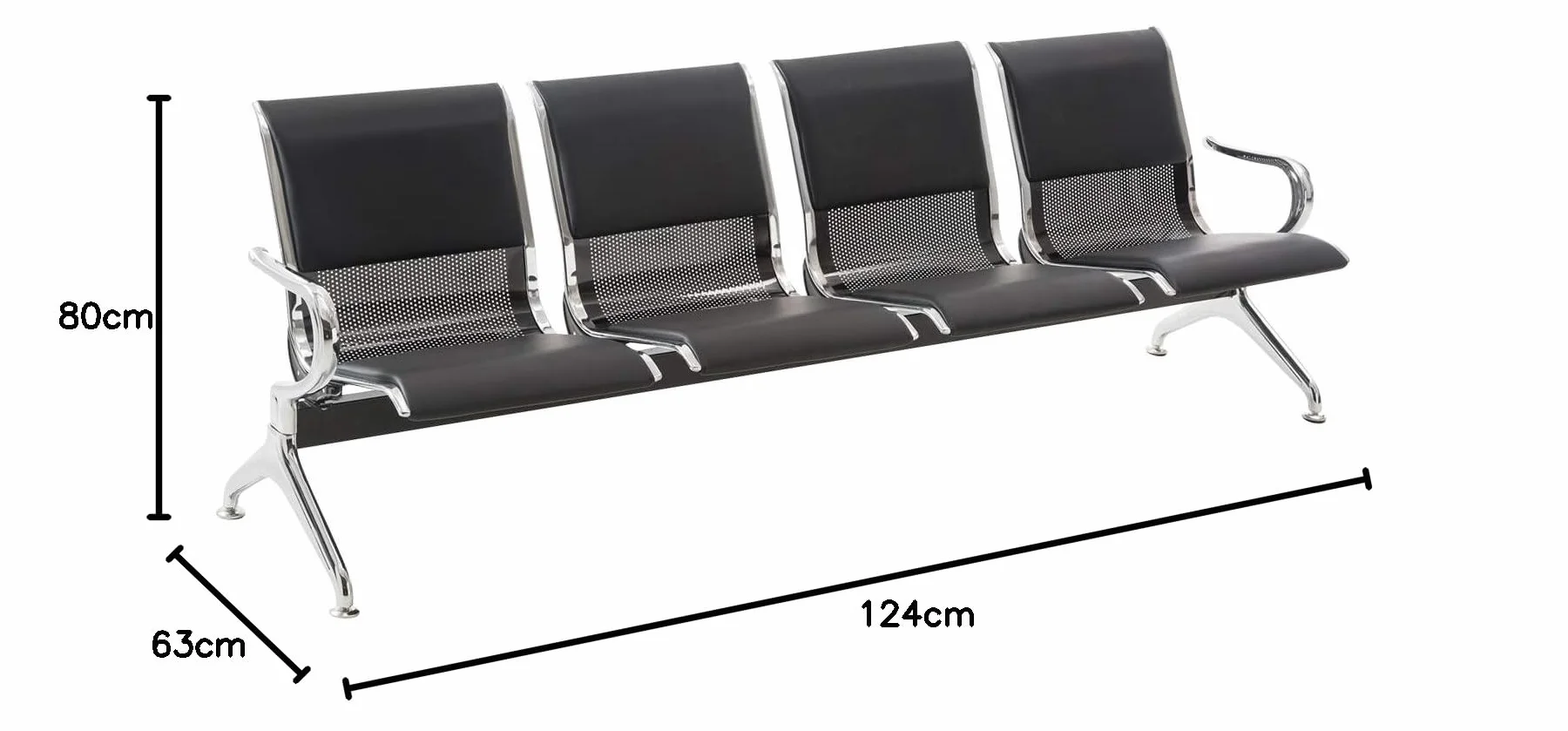 CLP Panca d'attesa per aeroporti con Rivestimento in Similpelle, Panca con Struttura in Metallo in Look Cromato, robuste sedie d'attesa, Colore:Nero/Nero, Dimensione:4 posti