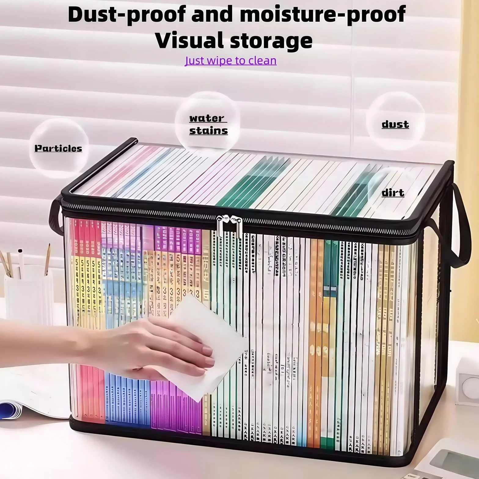 Borsa trasparente con manico, organizer con cerniera per traslochi, libri, CD, DVD, resistente, confezione da 2 (grande e piccola) (nero)