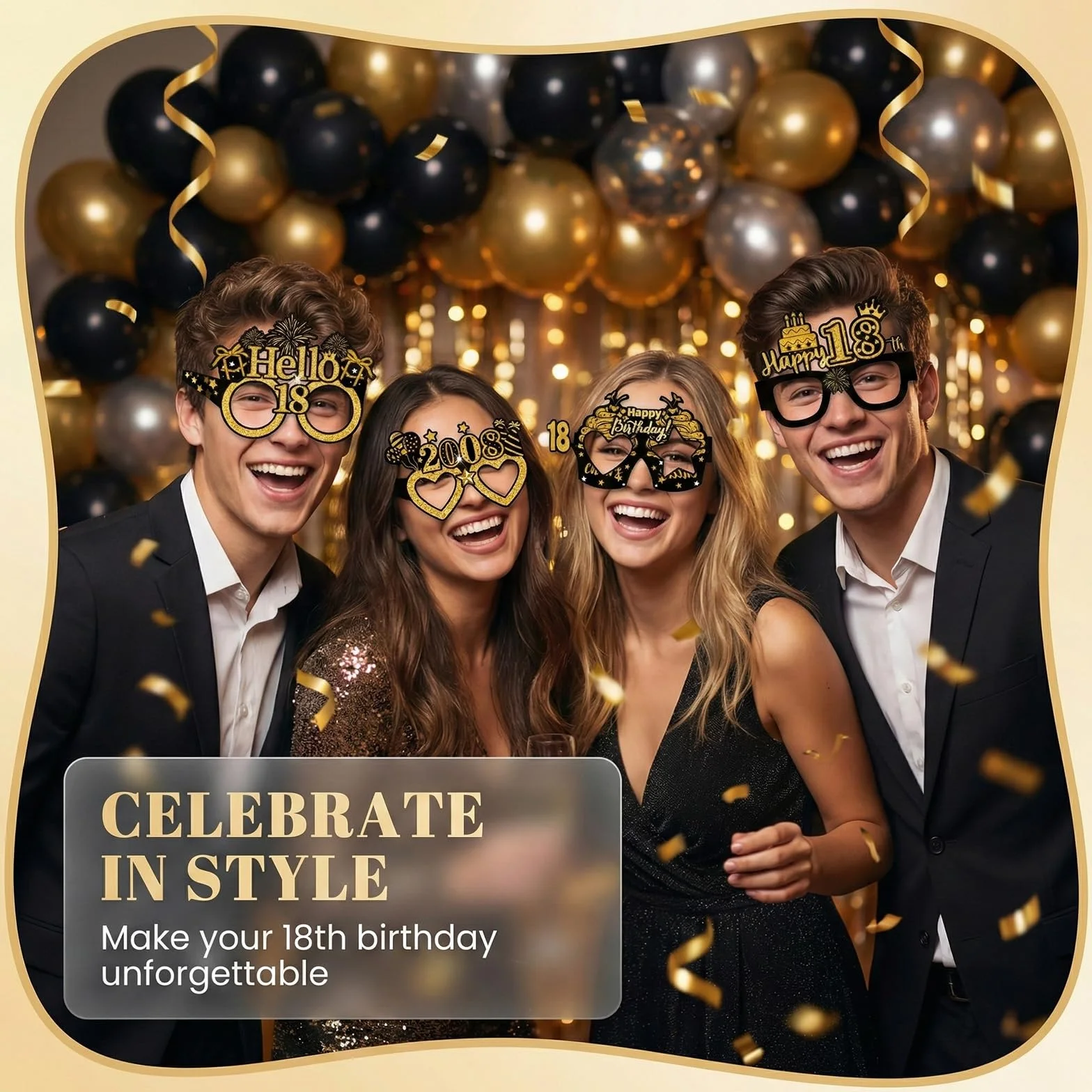 Occhiali di Carta Decorativi 18° Compleanno Nero-Oro Happy 18th Birthday Accessori Box Foto Compleanno
