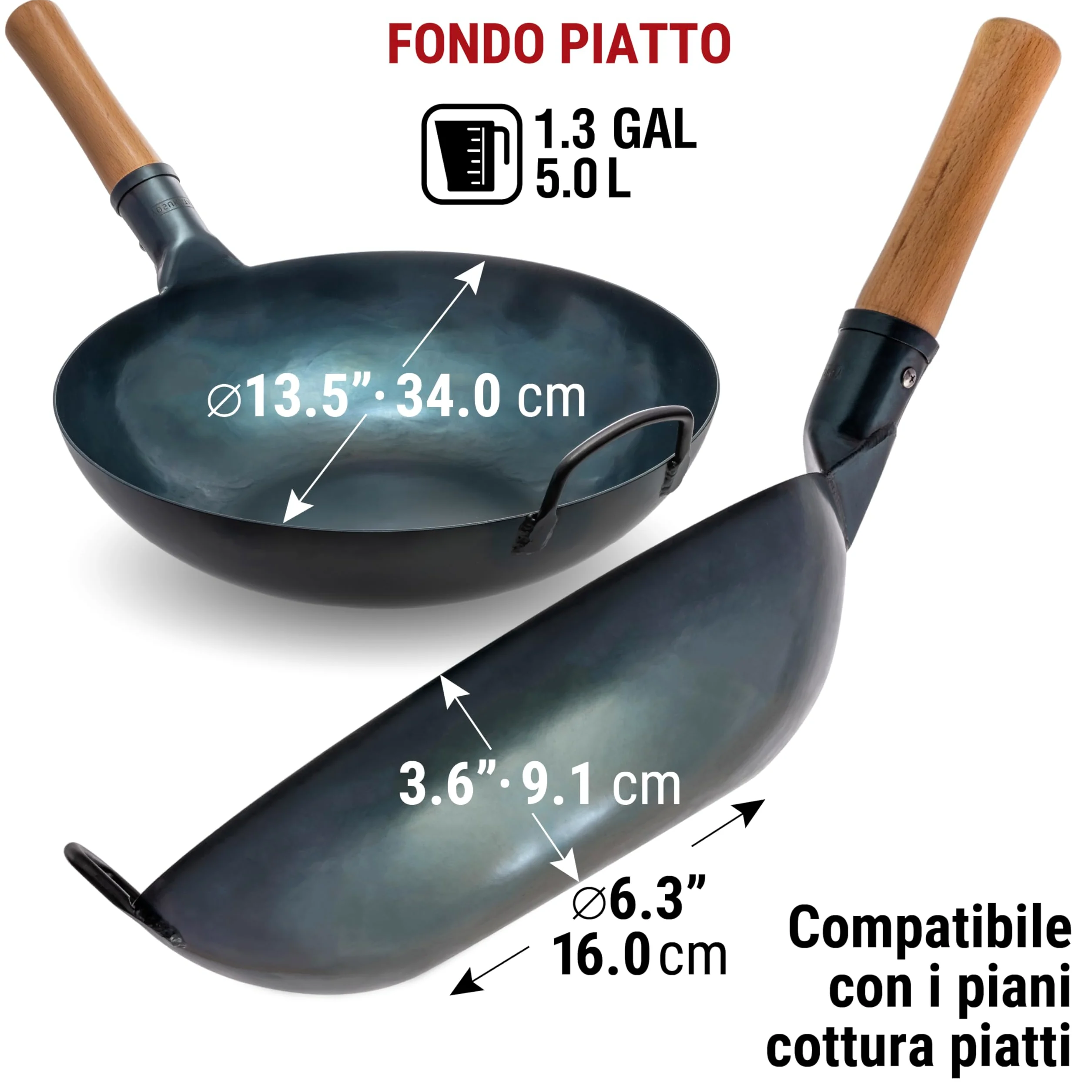 YOSUKATA Wok Padella Professionale 34 cm - Tradizionale Wok Acciaio al Carbonio Blu Fondo Piatto Precondizionato - Cinese Originale Padella - Adatto a Gas Induzione Elettrico Сeramica e Fuoco Aperto