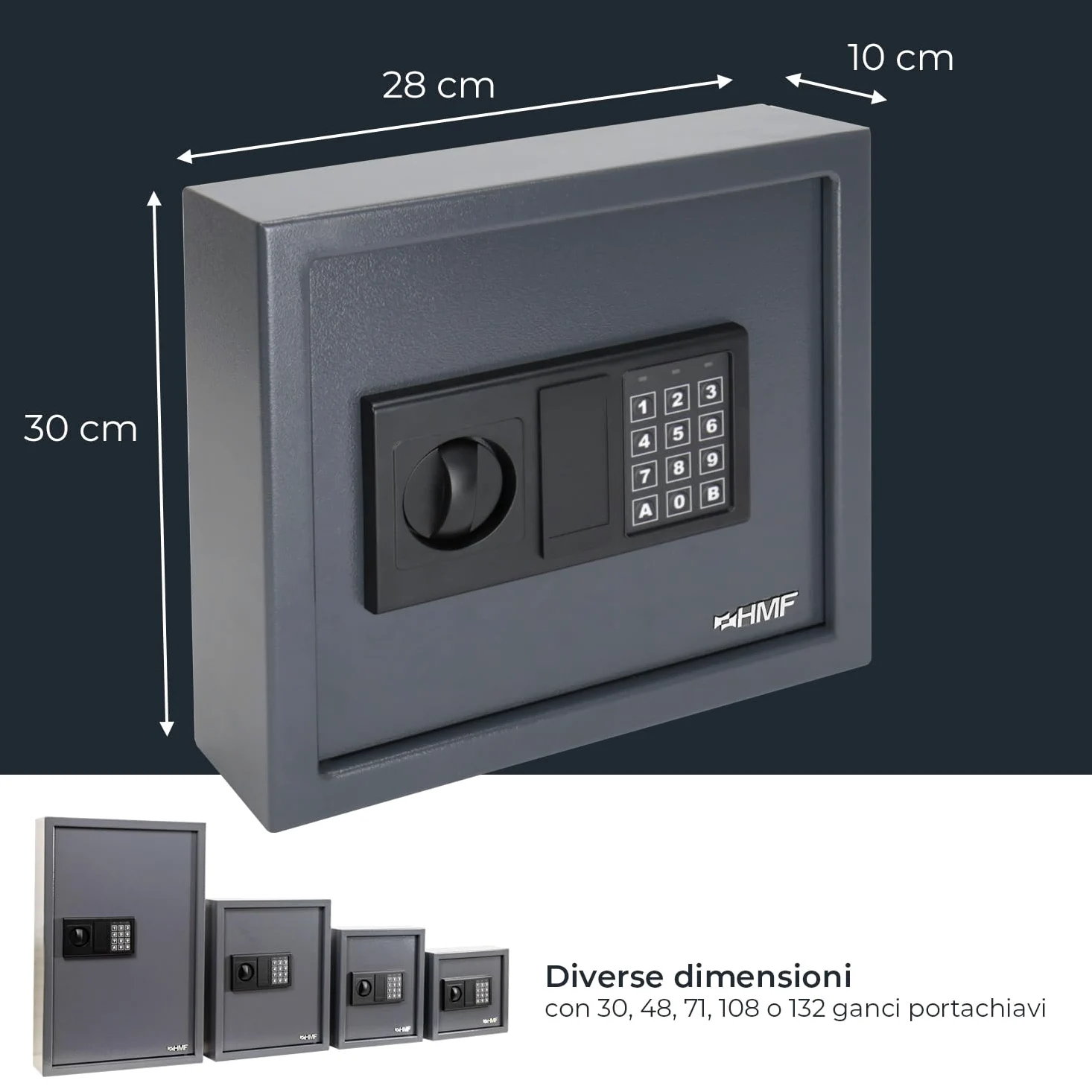 HMF Cassaforte Portachiavi con codice numerico, Armadietto Portachiavi con serratura elettronica | 30 ganci | 30 x 28 x 10 cm | Antracite