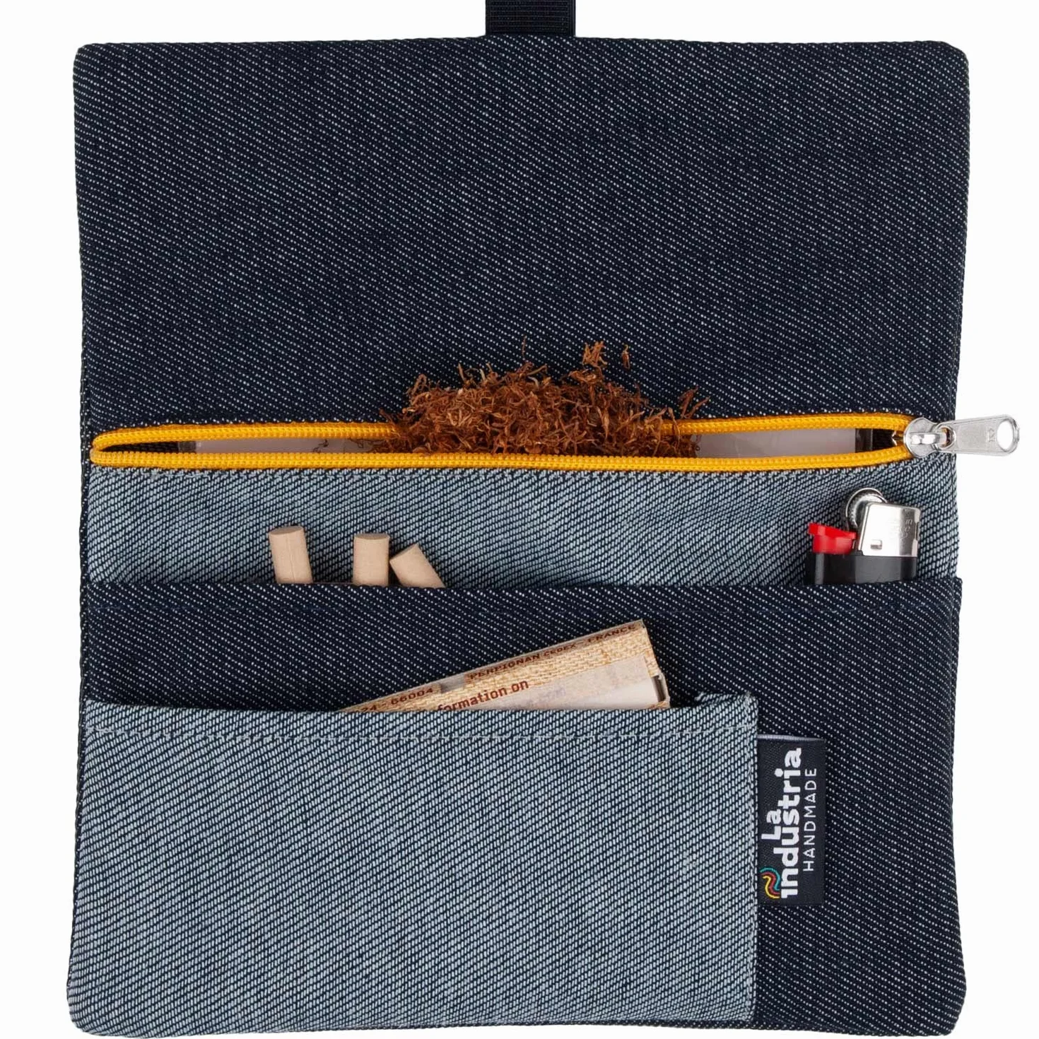 Portatabacco in Tessuto Jeans Denim Astuccio Porta Tabacco Cartine Filtri Accendino Cerniera Gialla
