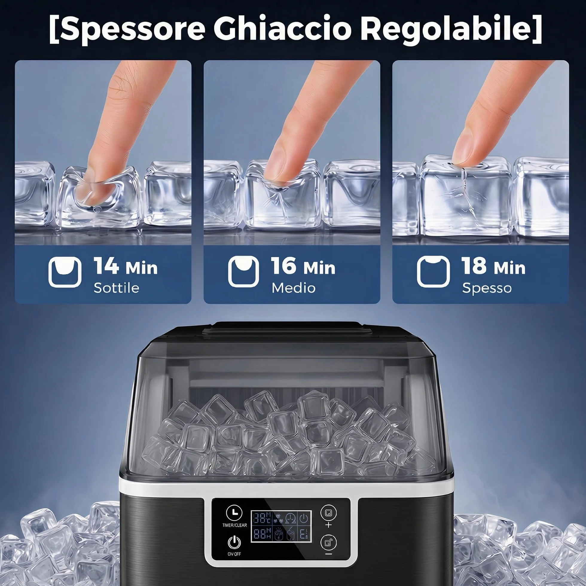 HOMCOM Macchina Ghiaccio 20kg in 24 Ore, Riempimento Manuale o con Bottiglia, 24 Cubetti in 14-18 Minuti con Paletta, Dimensione Regolabile, Serbatoio 3.2L e Sistema Autopulente, Nero