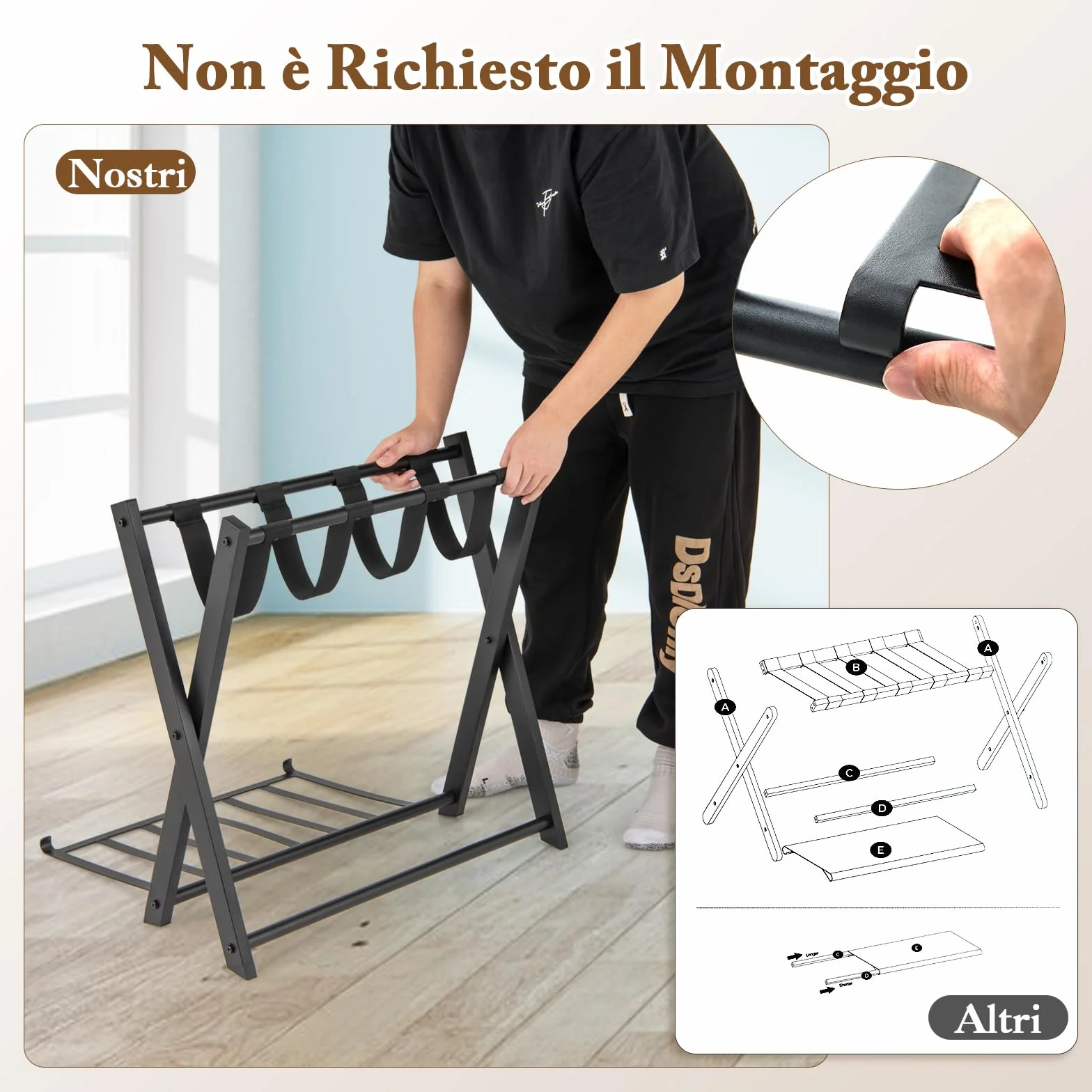 COSTWAY Portavaligie Pieghevole 2 Ripiani, Cavalletto da Valigie w Metal, 68 x 43 x 56 cm, Nero