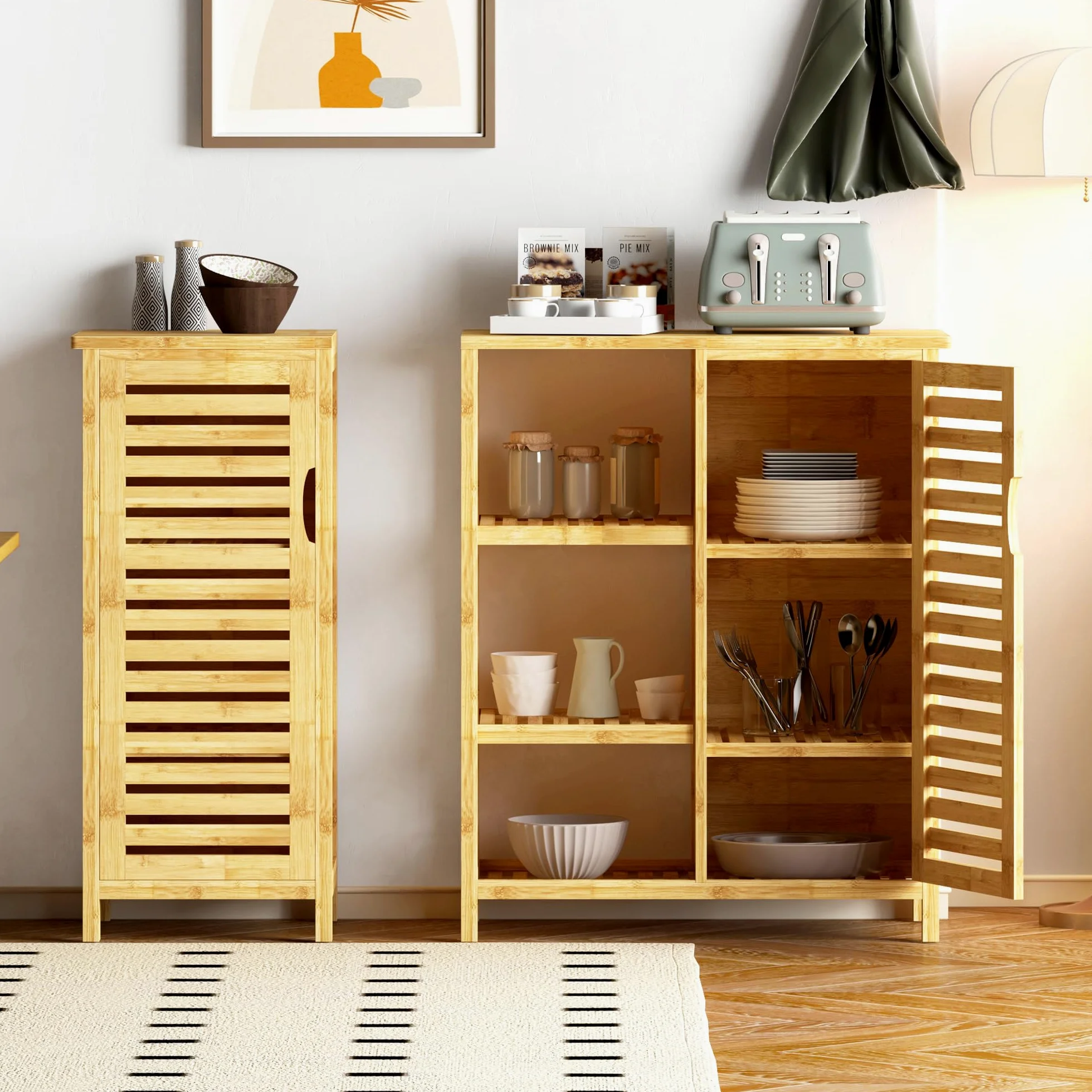 SogesPower Armadietto Portaoggetti da Bagno in Bambù Credenza Autoportante per Soggiorno, Cucina, Ufficio Domestico