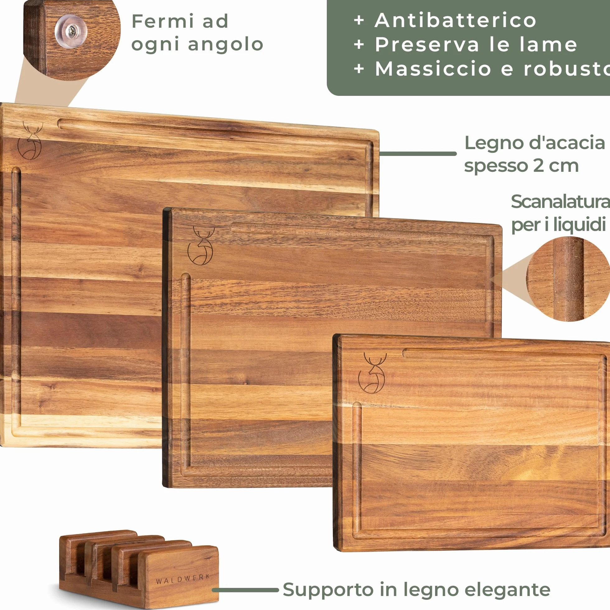 WALDWERK Set di 3 taglieri (40x30 / 33x24 / 26x18 cm) in massiccio legno di acacia - Tagliere da cucina con supporto - Taglieri legno spessi 2 cm con canalina per il succo