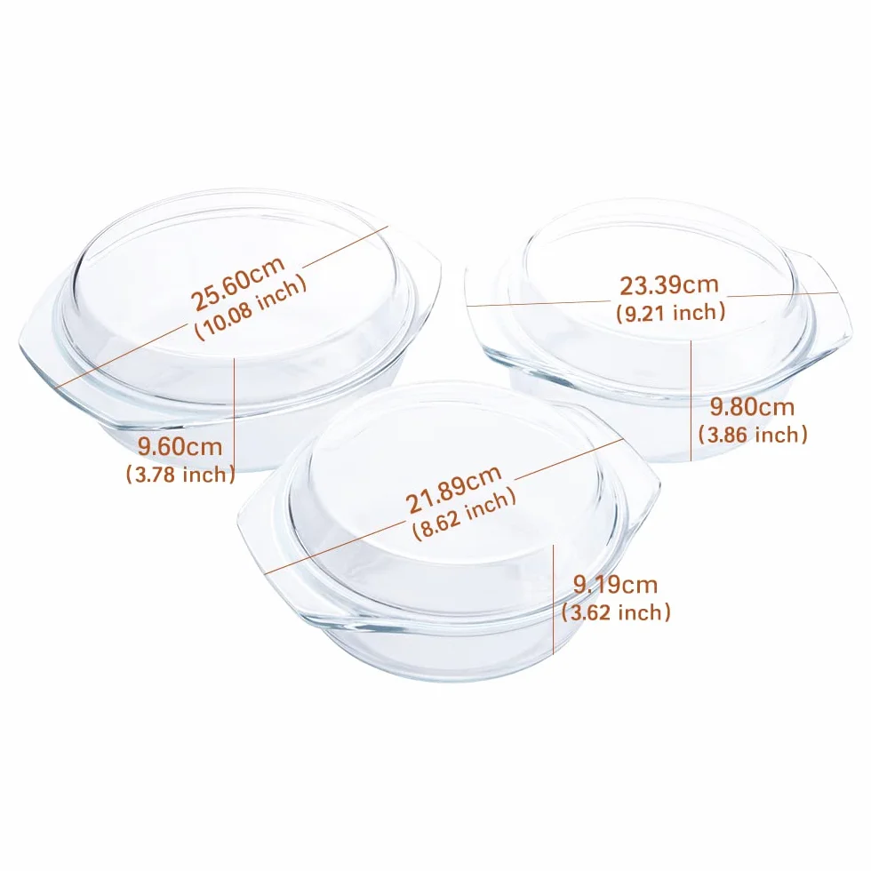 Set di 6 Pezzi Casseruola Tonda in Vetro Con Coperchio, 1L+1.5L+1.8L Temperato Teglia da Forno per Forno, Congelatore e Lavabile in Lavastoviglie