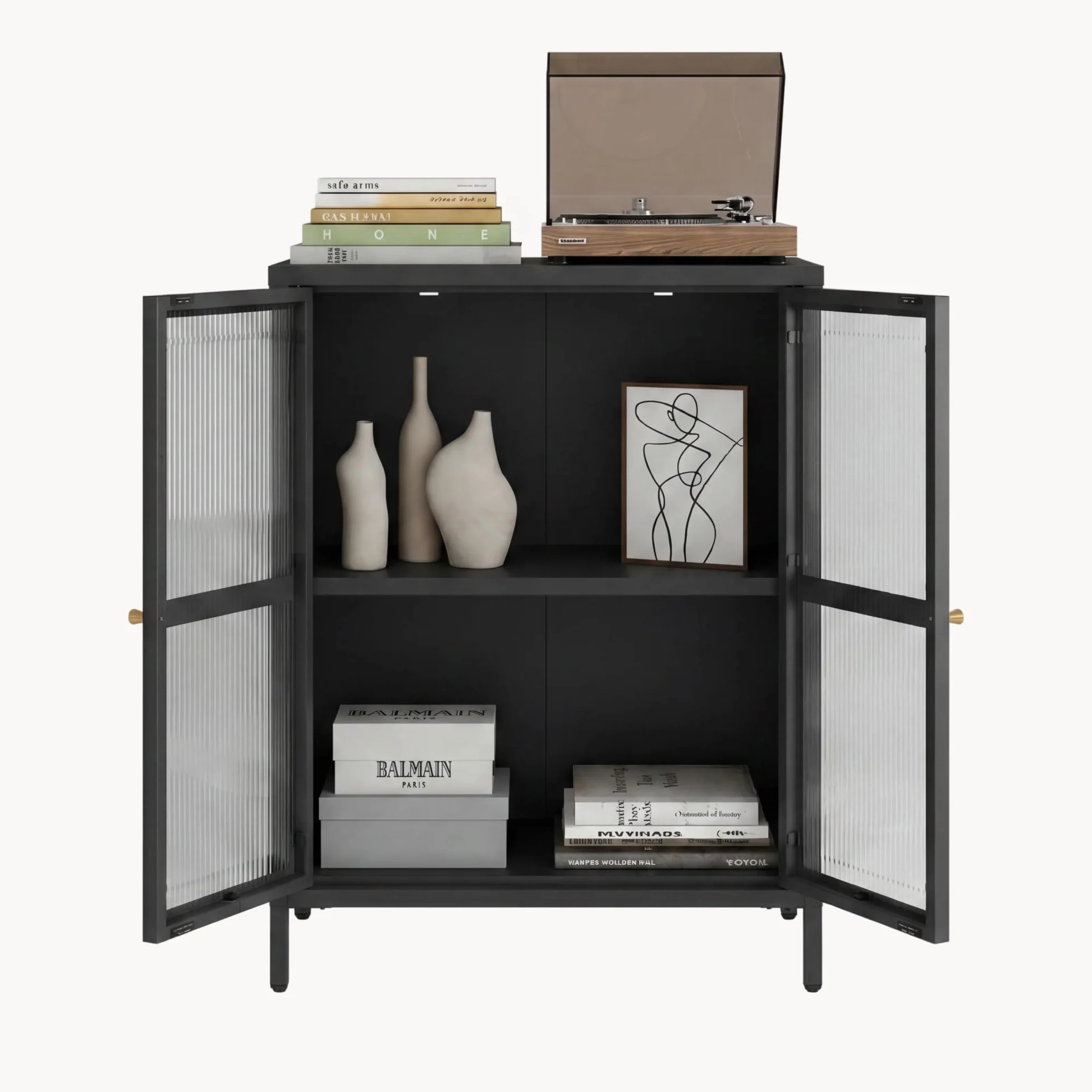 [en.casa] Comò con Ante in Vetro Scanalato Credenza in Acciaio per Soggiorno Mobile Vetrinetta con Scomparto Diviso 84x64x35 cm Nero