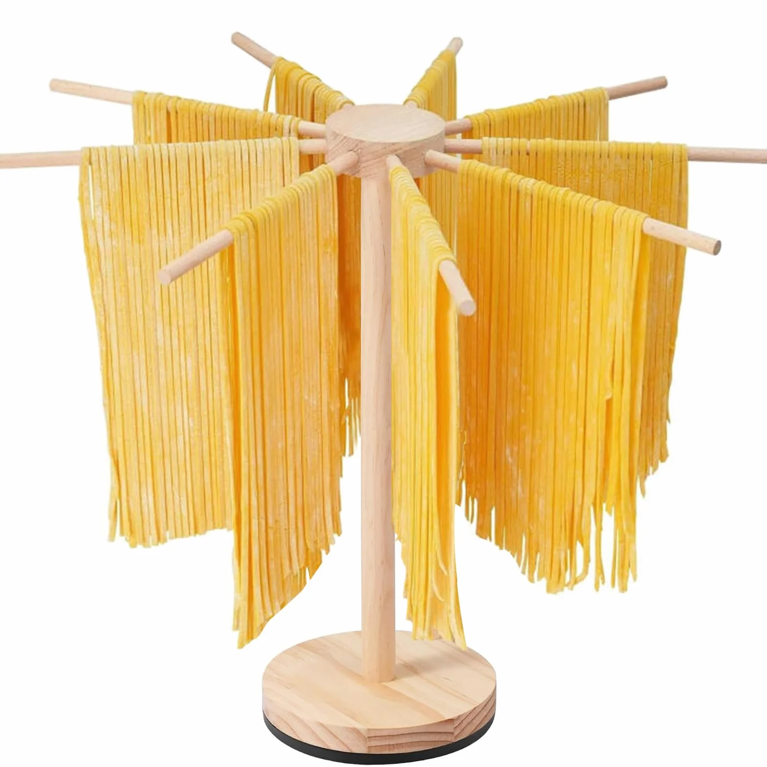 Asciugapasta in Legno con 9 Bracci Rimovibili e Base Girevole, Porta Fino a 4.5kg, Ideale per Pasta Fresca Italiana e Cinese