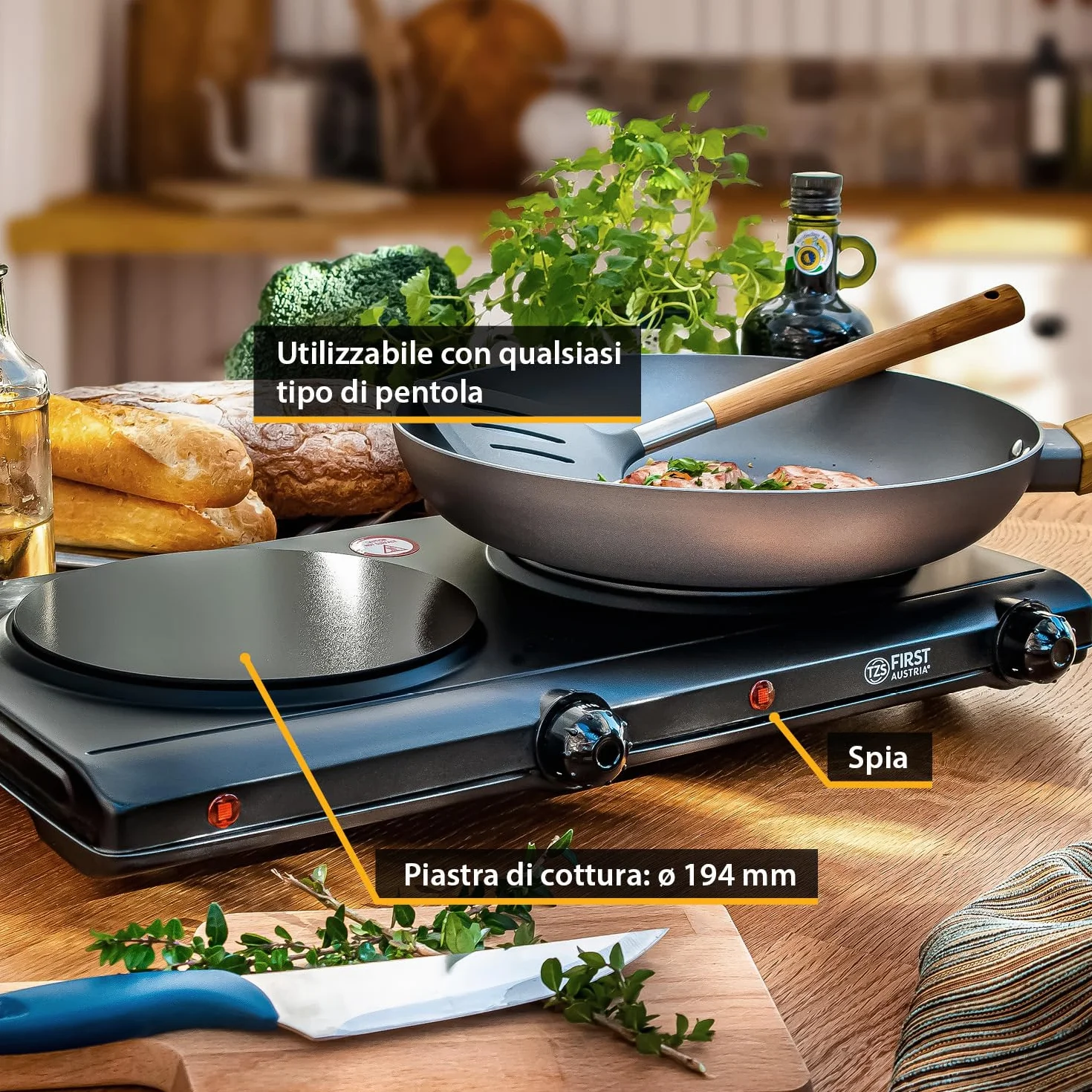 TZS First Austria Piastra di cottura doppia infrarossi vetroceramica 2500W Mini Fornello elettrico