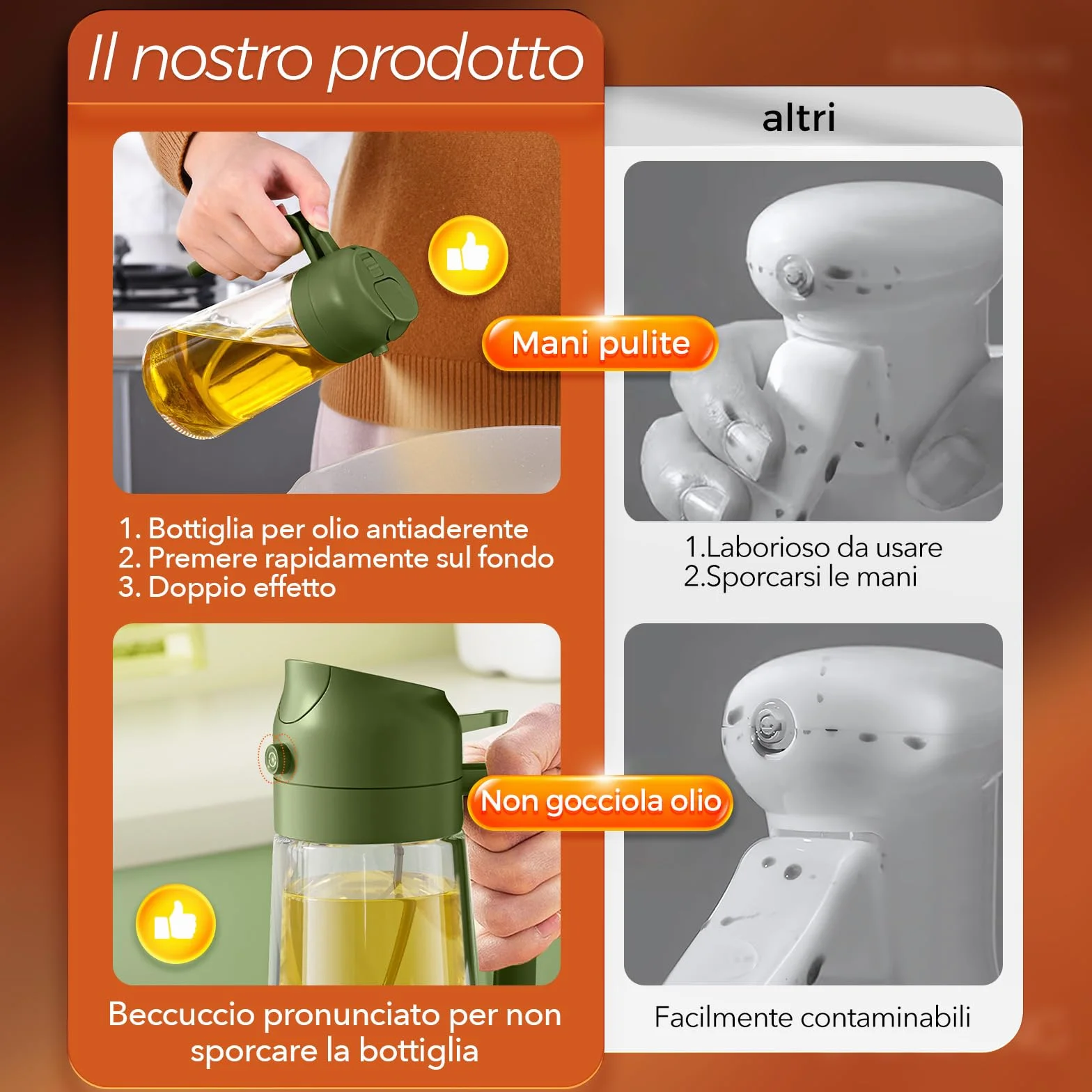 YARRAMATE, Spruzzatore per olio da 470 ml per cucinare con adesivi, dispenser di olio d'oliva 2 in 1 di qualità alimentare, per gadget da cucina, insalata, friggere, barbecue, verde oliva
