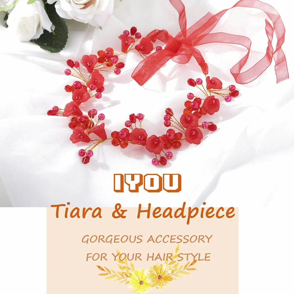 Coroncina Fermaglio Fiori Copricapo Rosso Perle Cristalli Accessorio Capelli Sposa Bambina