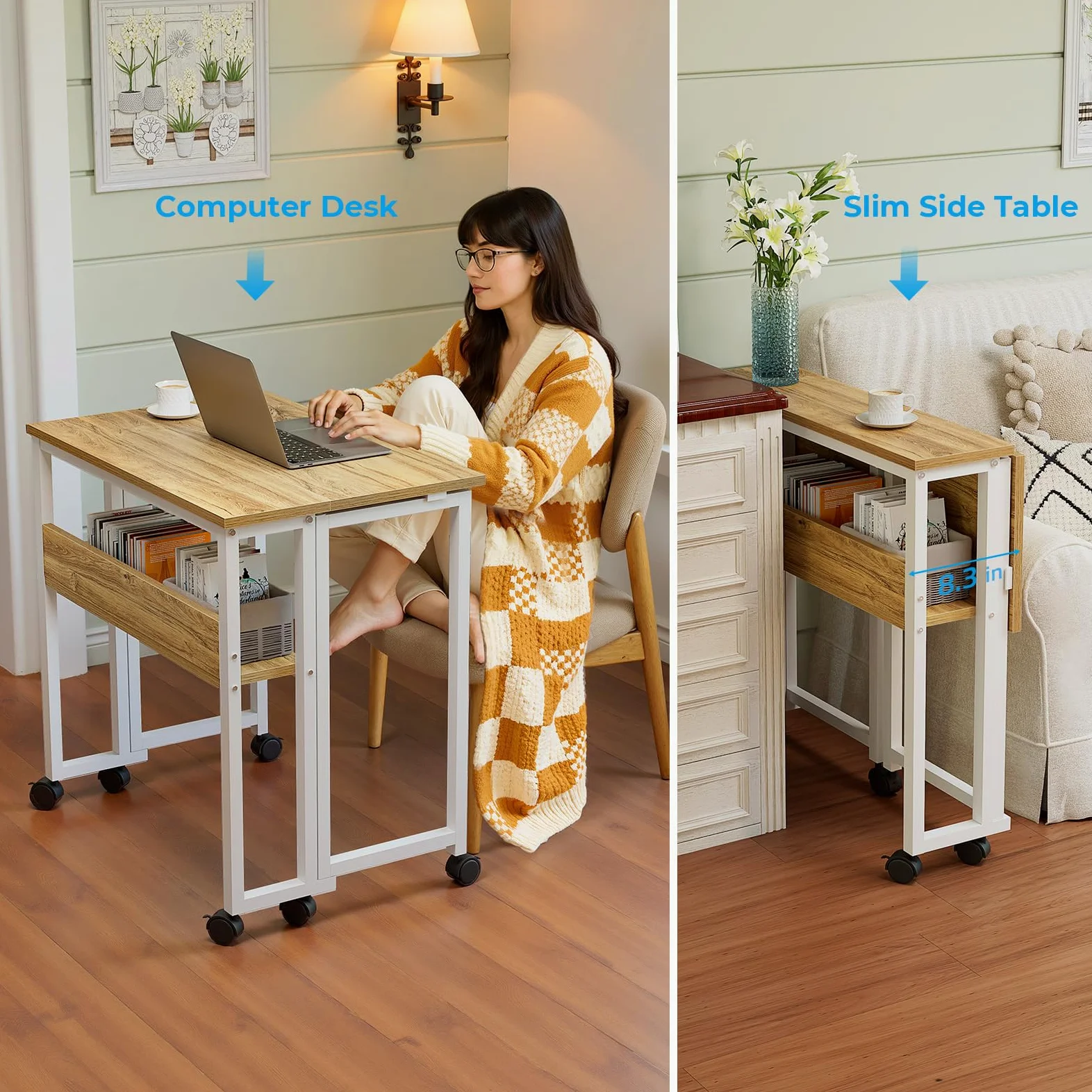 GreenForest Piccola Scrivania Pieghevole Salvaspazio con Scaffale, 63 CM Scrivania da PC su Ruote Facile da Assemblare, Adatta per Ufficio, Camera da Letto e Studio, Beige