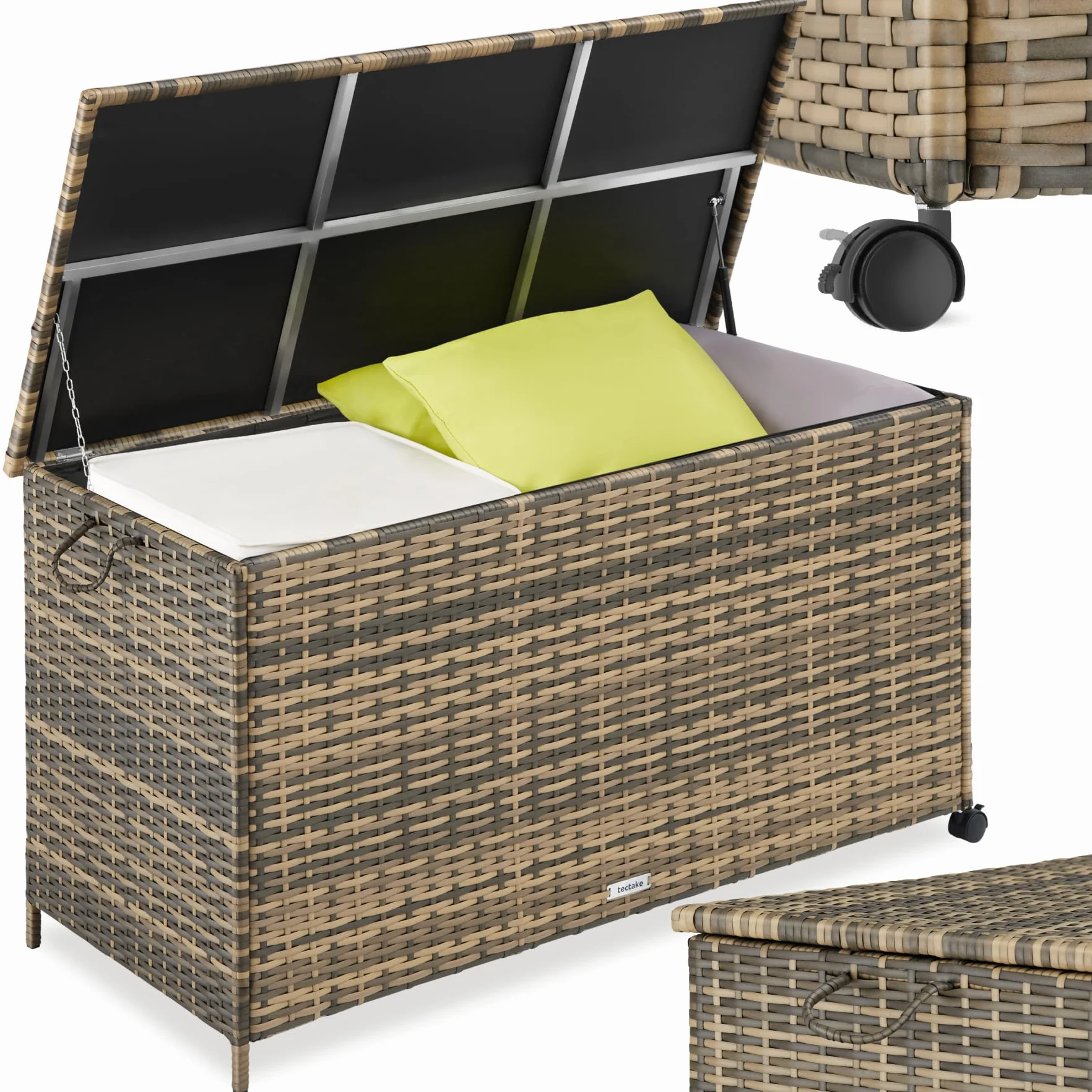 tectake Box Contenitore da Esterno 116x54x64 cm 253 L Polyrattan Alluminio Coperchio Rinforzato Rotelle Girevoli