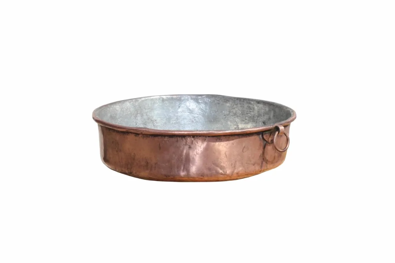 Pentola da Forno Rotonda in Rame, Stagnata all'Interno, Fatta a Mano, Pirofila Tradizionale con Manici ad Anello, per Cottura Professionale (30 cm)