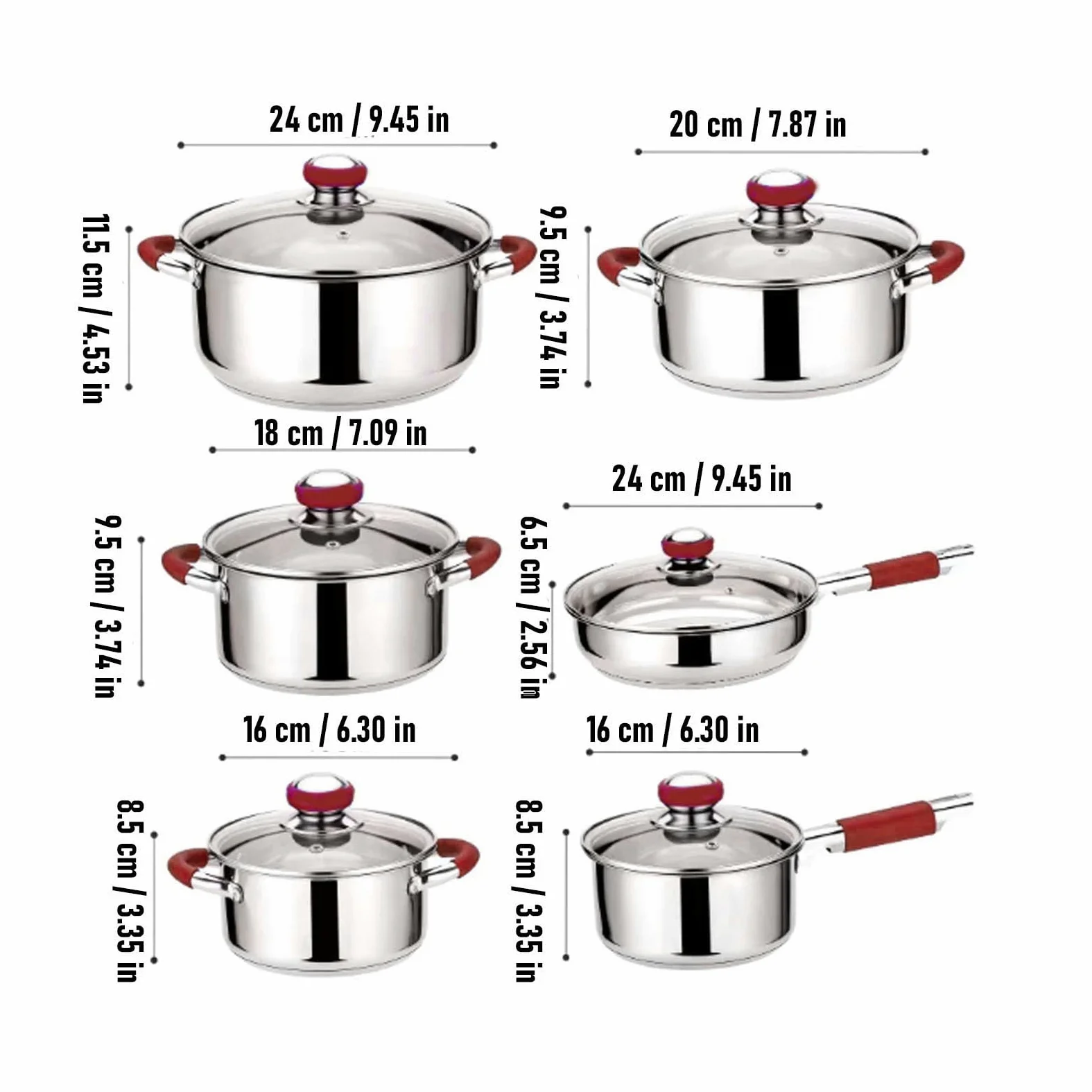 Fockety Set di pentole, set da 6 pezzi in acciaio inox con coperchi in vetro, base rinforzata a triplo strato per tutti i piani cottura, ideale per la cucinas di tutti i giorni (rosso)