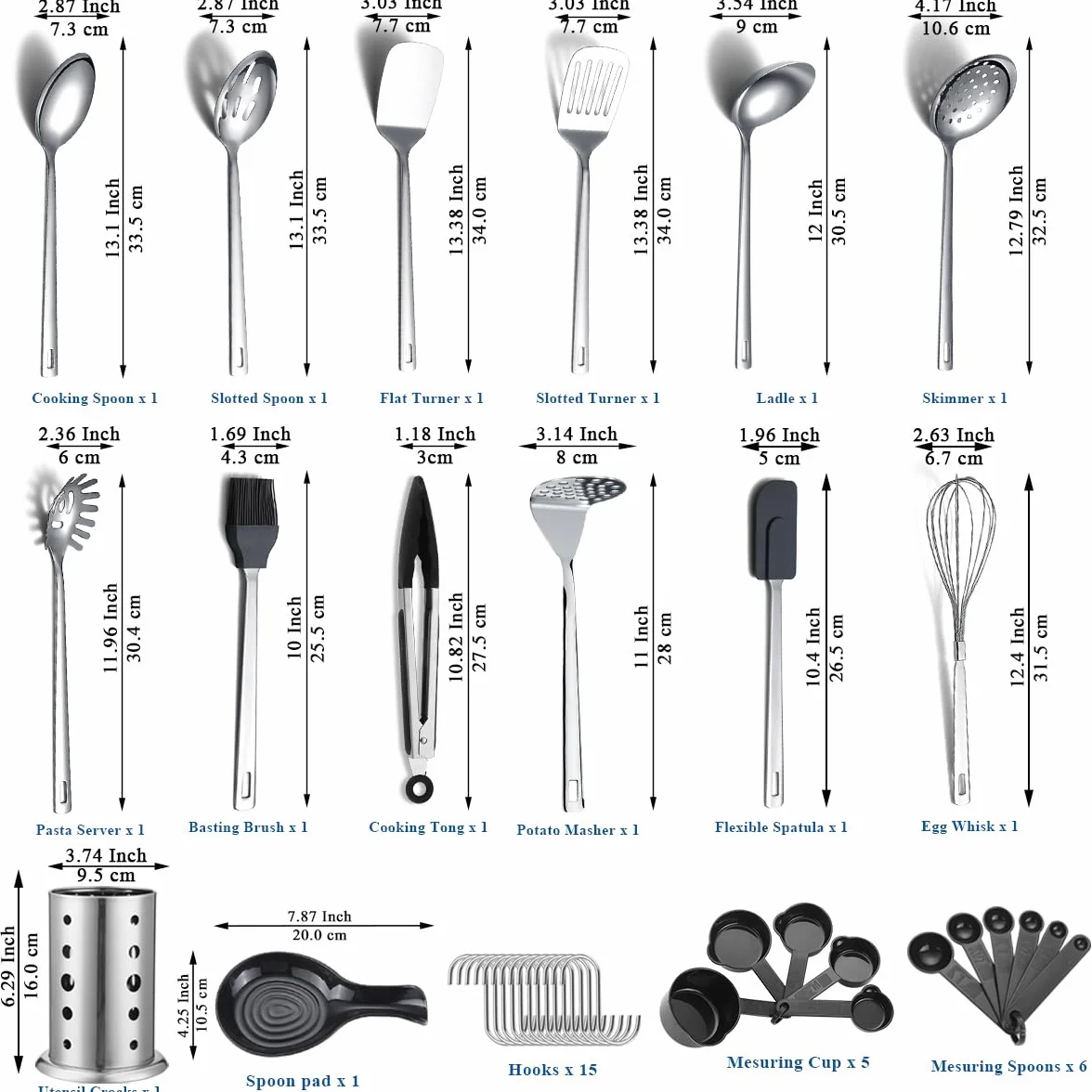 Set di utensili da cucina in acciaio inossidabile 40 pezzi con portautensili, gadget da cucina, set di spatole in metallo