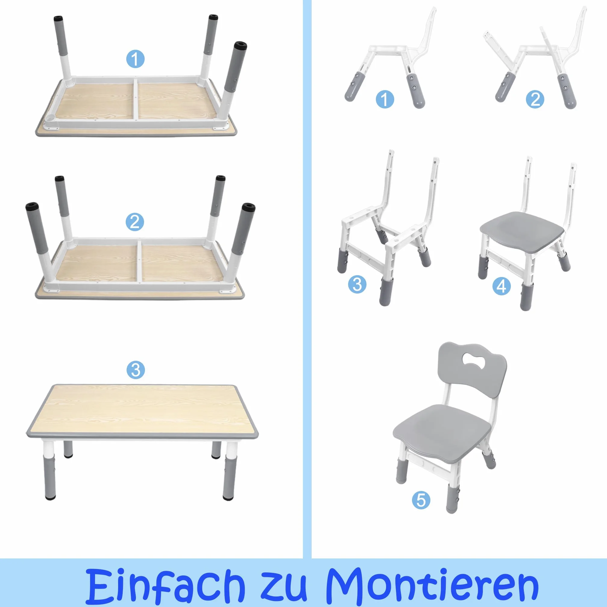 FIVMEN Tavolo per bambini con 2 sedie, set da tavolo per bambini, regolabile in altezza, 3 pezzi, in plastica, per cameretta dei bambini, da 2 anni, 80 x 60 cm