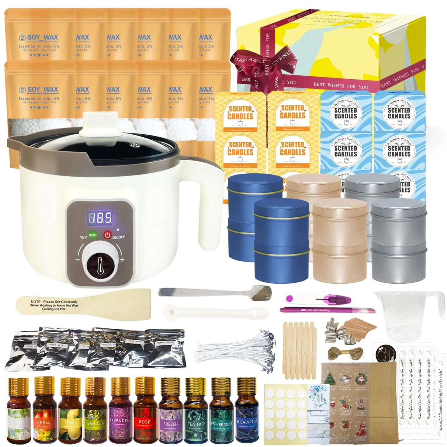 Kit per la creazione di candele fai da te in cera di soia con fusore elettrico e 12 barattoli