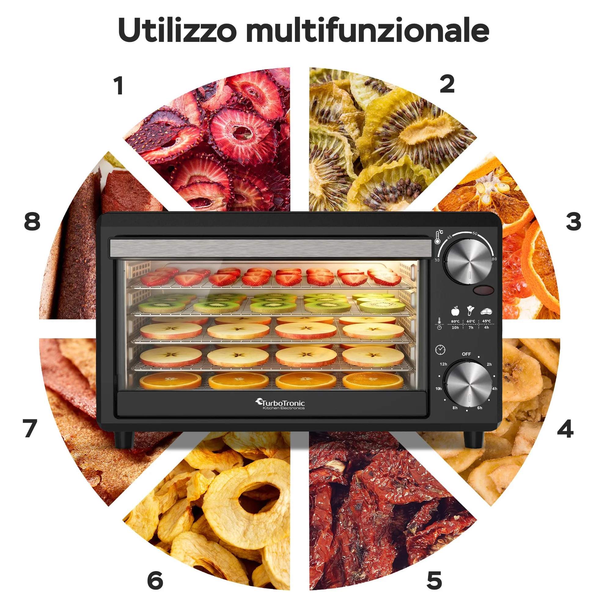 TurboTronic FD14 - Disidratatore Alimentare 14 L con 5 Vassoi - Essiccatore Alimentare a 5 Ripiani per Frutta, Verdura, Funghi, Carne, Pesce ed Erbe - Temperatura e Timer Regolabili (Black)