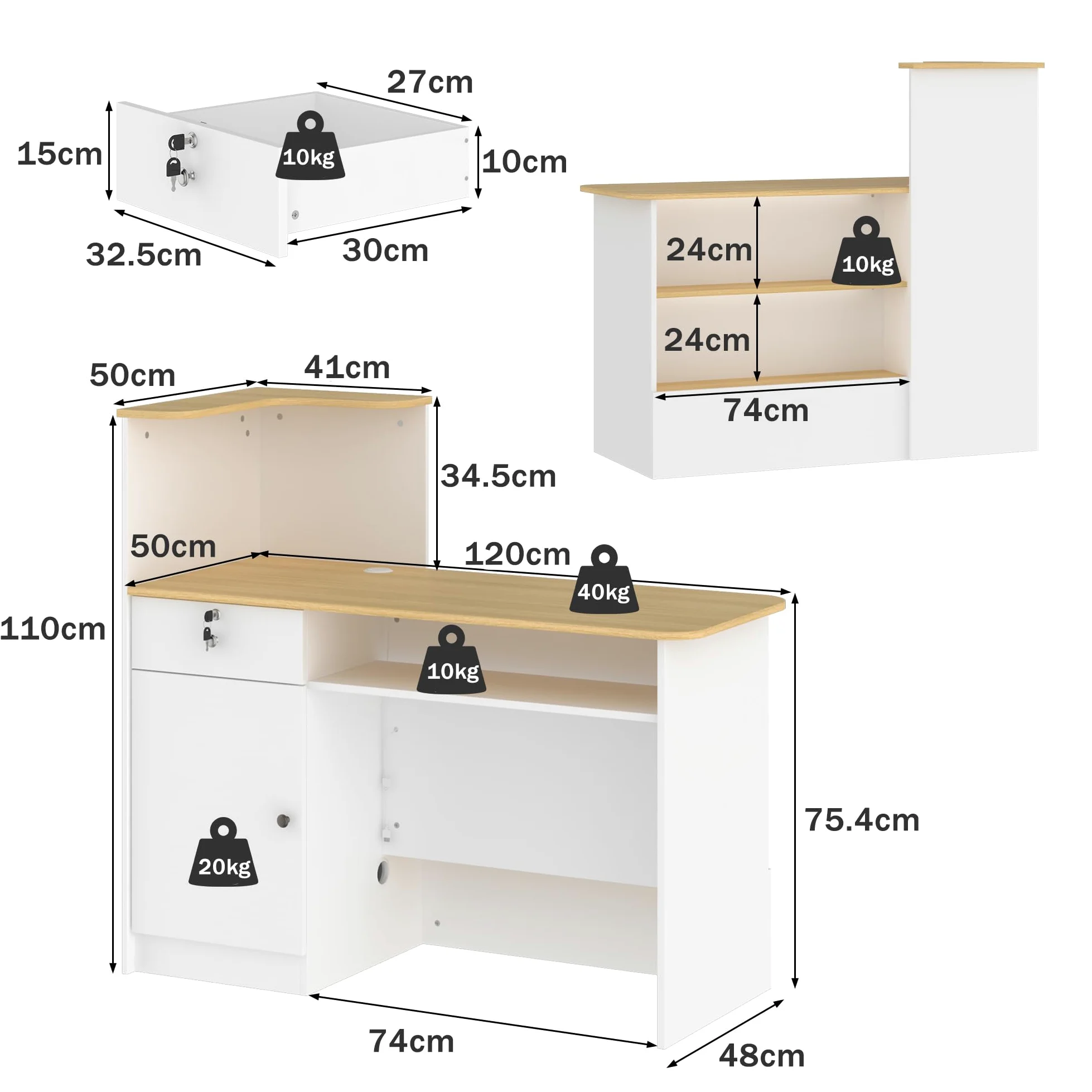 Banco reception, tavolo da reception, bancone con illuminazione a 3 colori, tavolo reception con 1 cassetto e 1 armadio, bancone con area espositiva aperta con 2 scomparti bianco + legno naturale