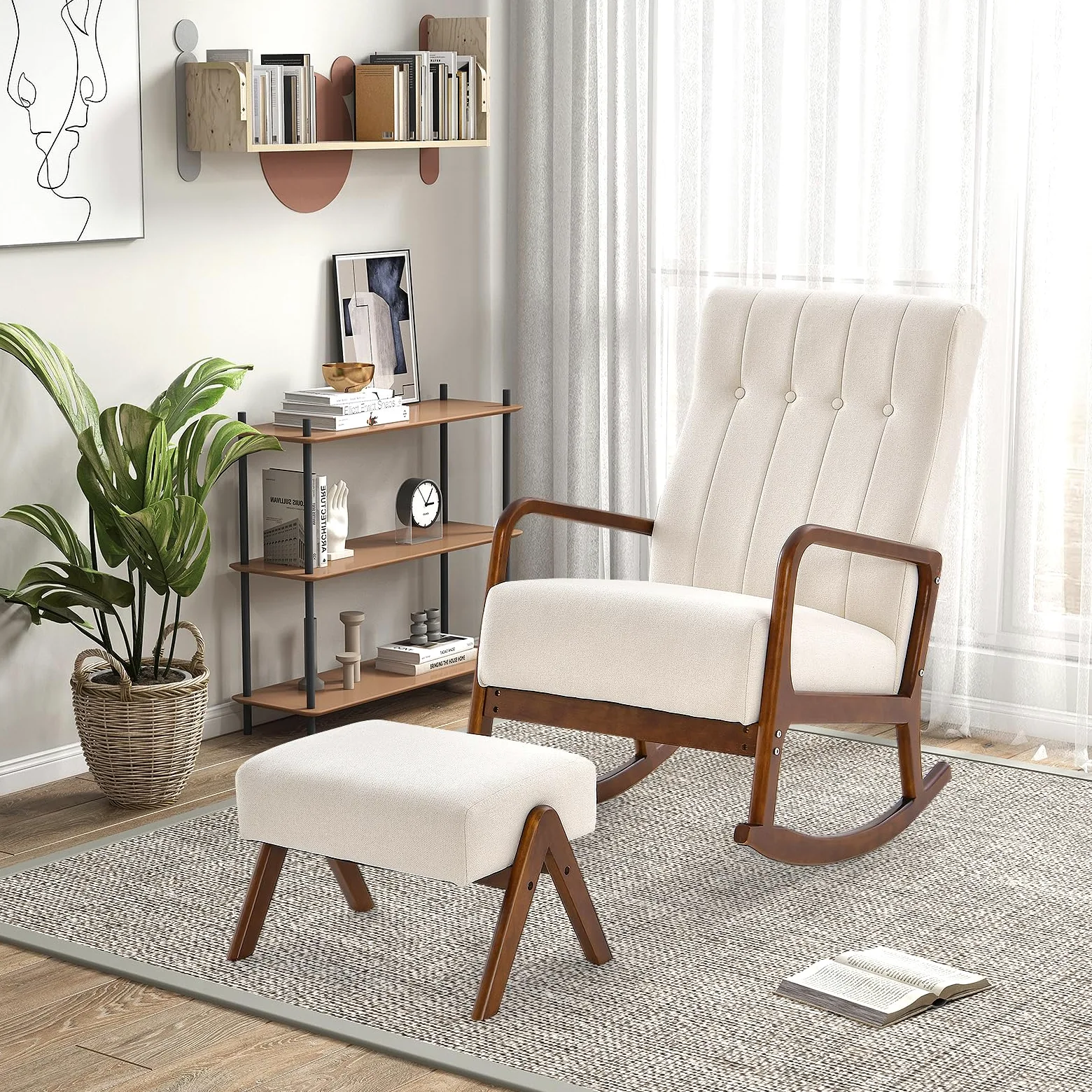 HOMASIS Sedia a Dondolo con Poggiapiedi, Set da Poltrona a Dondolo con Braccioli e Struttura in Legno Massello, Sedia Allattamento per Camera da Letto, Salotto, Fino a 150 kg, 97x65x104cm (Beige)